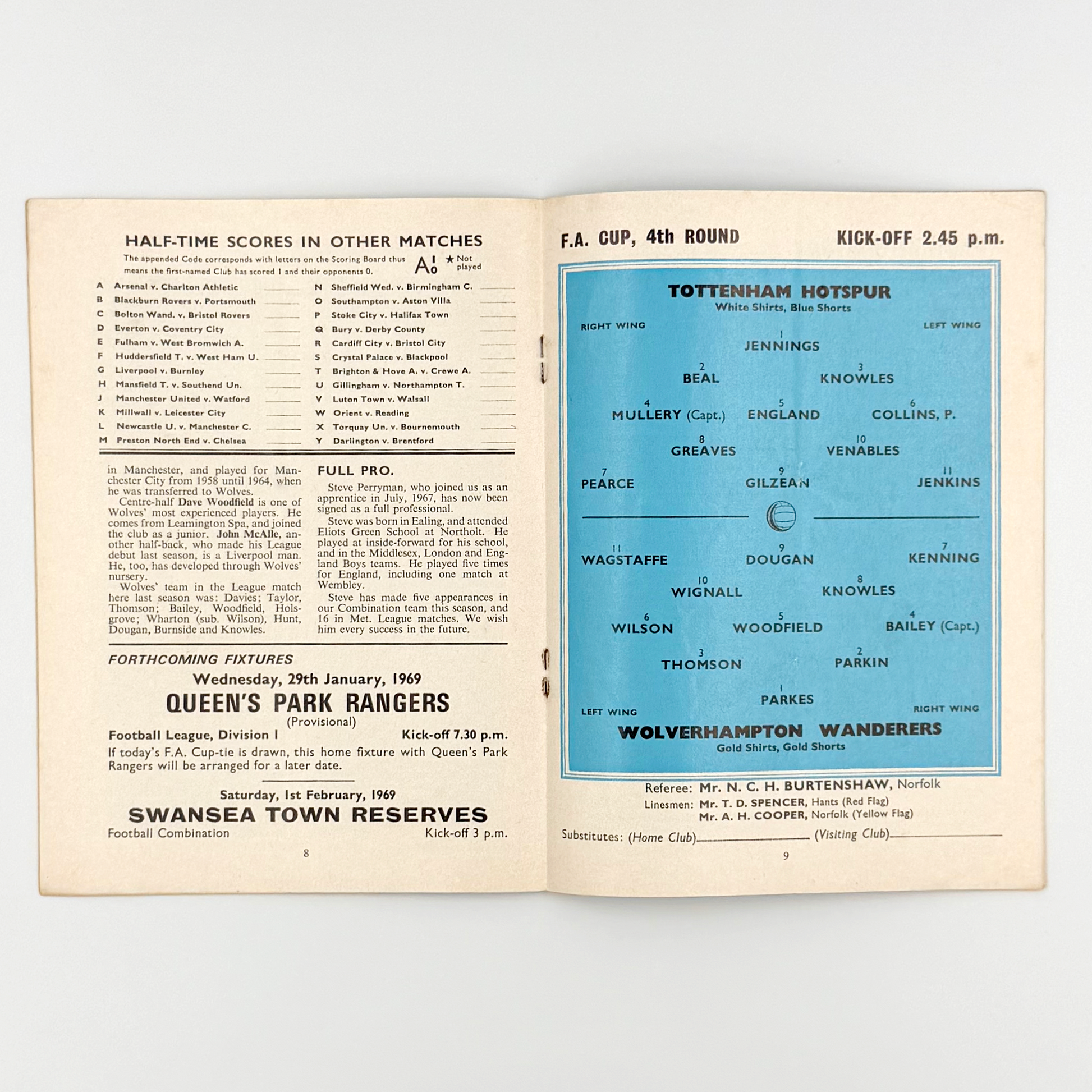 Tottenham Hotspur vs Wolverhampton Wanderers Programme (25 January, 1969)