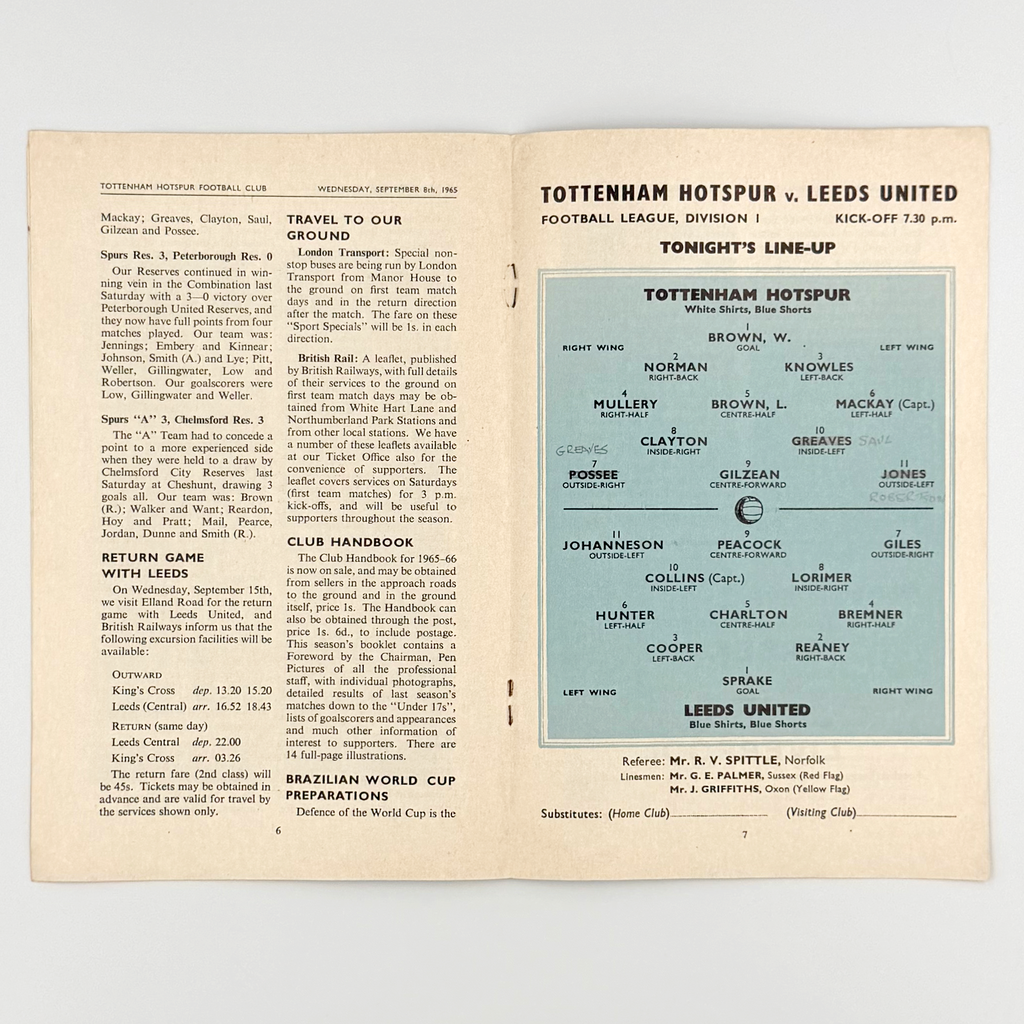 Tottenham Hotspur vs Leeds United Programme (8 September, 1965)