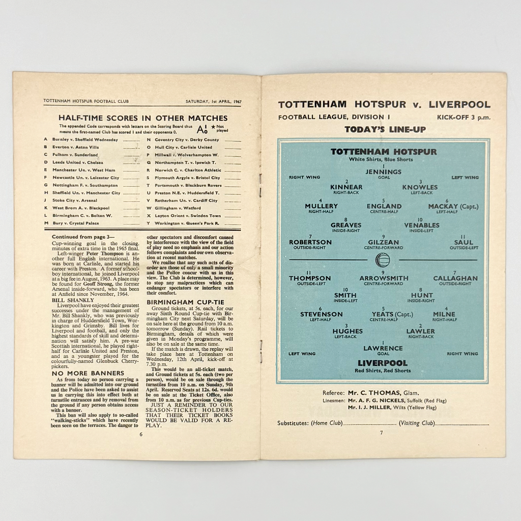 Tottenham Hotspur vs Liverpool Programme (1 April, 1967)