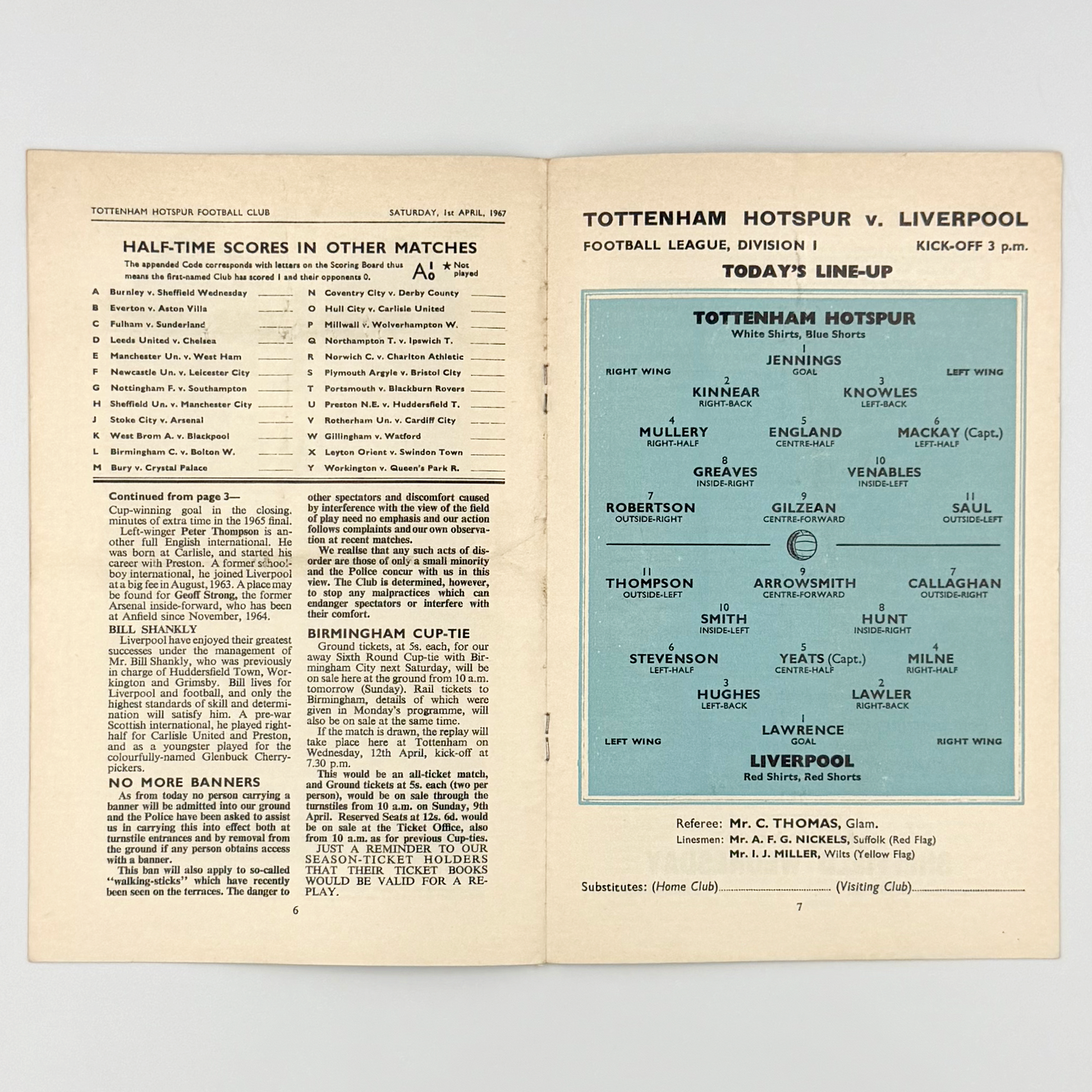 Tottenham Hotspur vs Liverpool Programme (1 April, 1967)