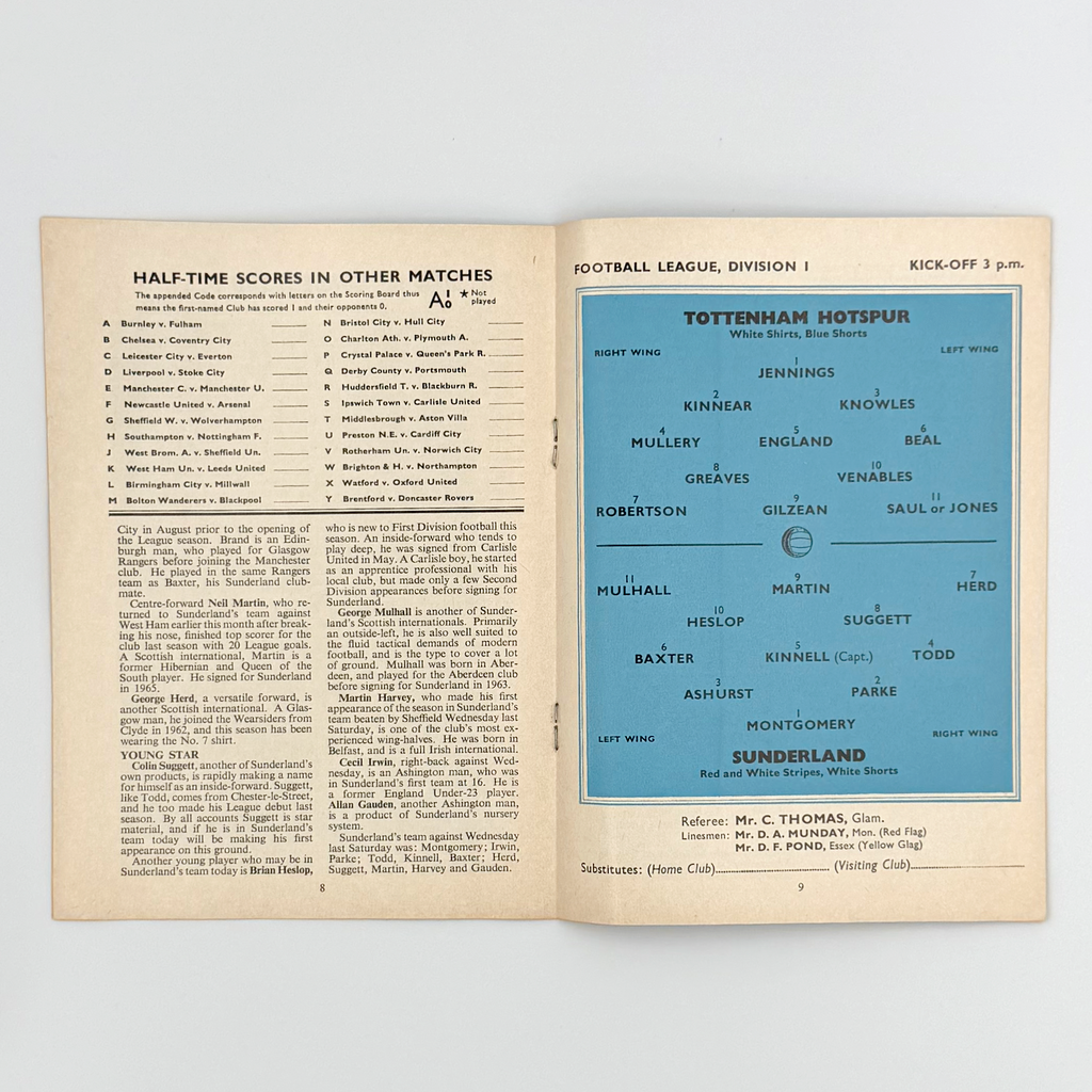 Tottenham Hotspur vs Sunderland Programme (30 September, 1967)