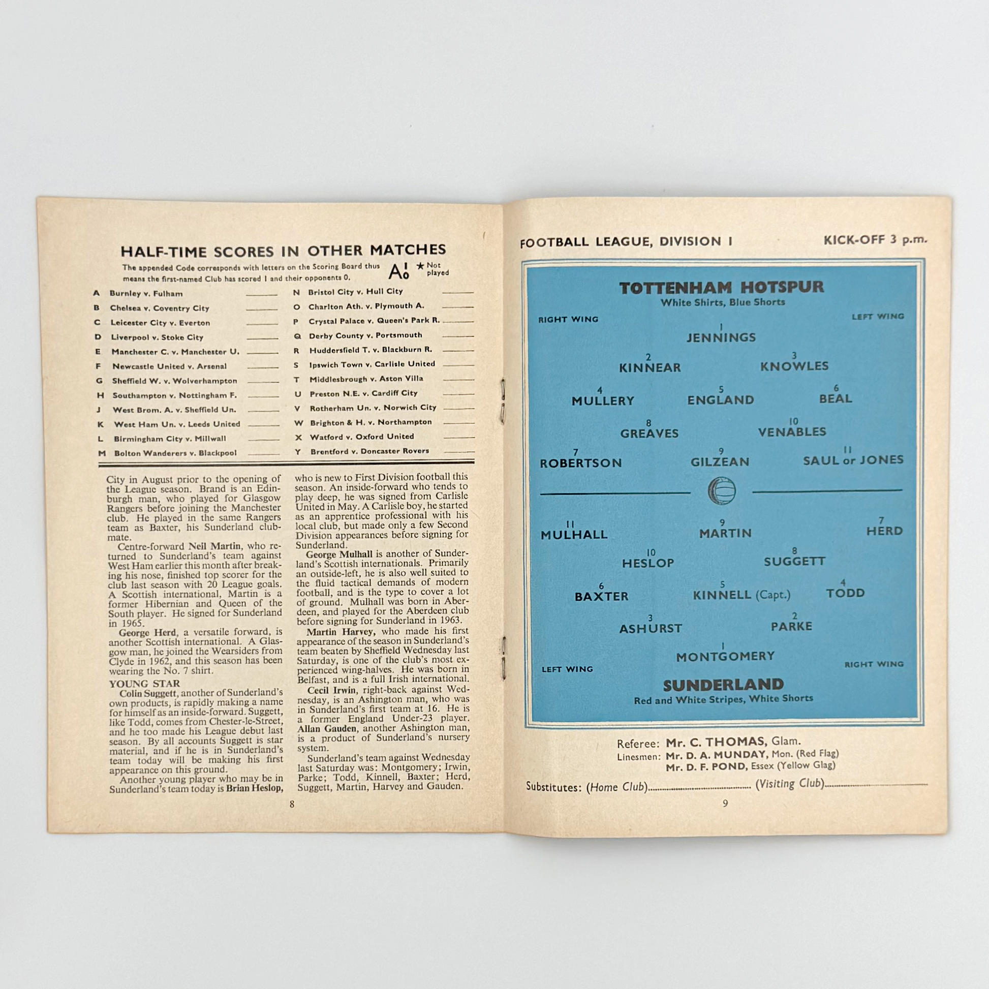 Tottenham Hotspur vs Sunderland Programme (30 September, 1967)