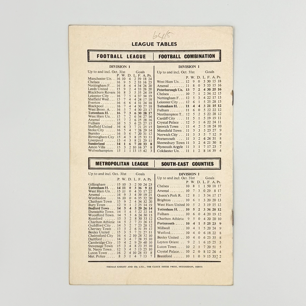 Tottenham Hotspur vs Sunderland Programme (7 November, 1964)