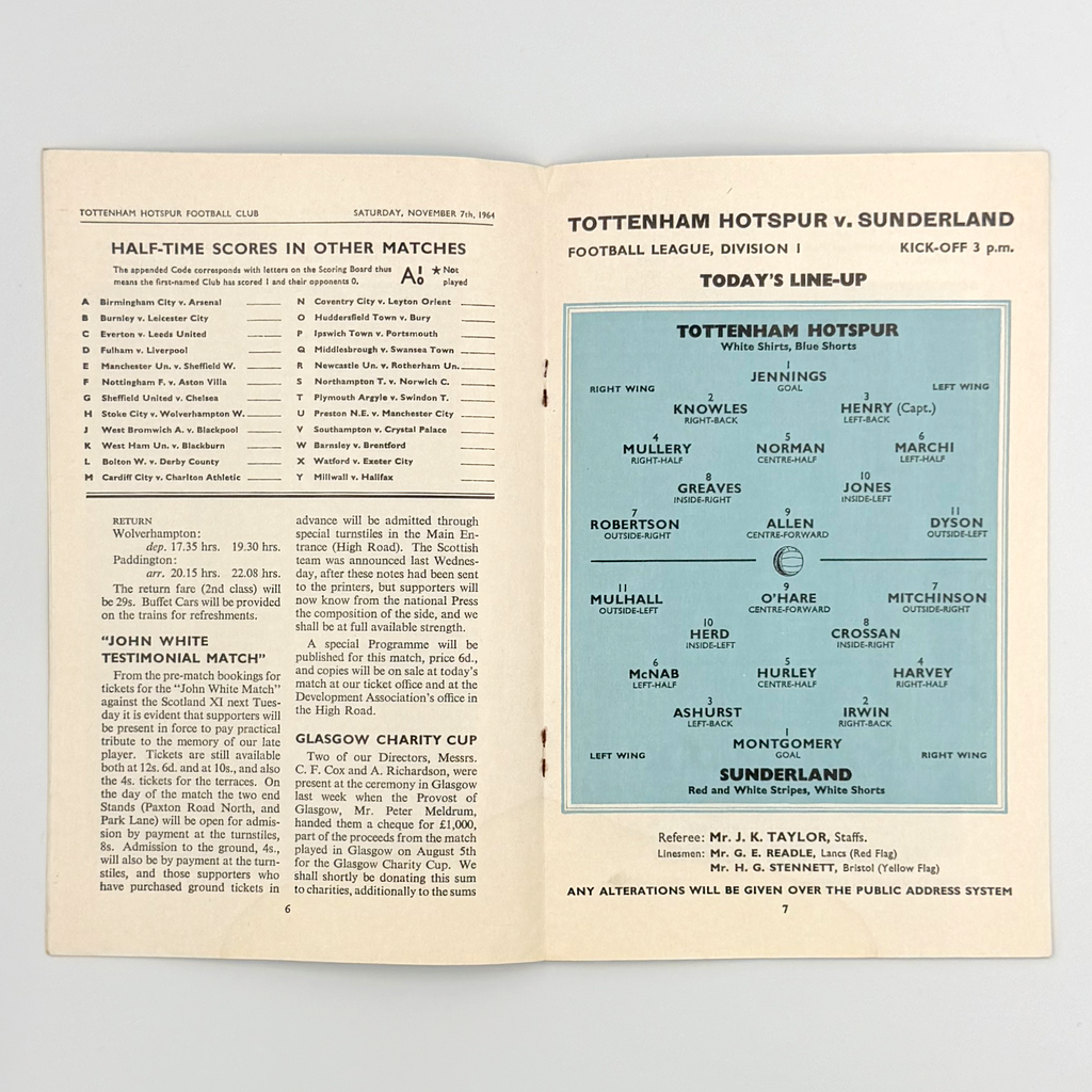 Tottenham Hotspur vs Sunderland Programme (7 November, 1964)