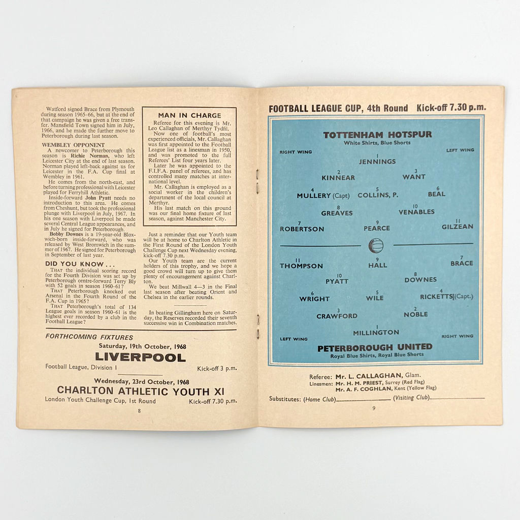 Tottenham Hotspur vs Peterborough United Programme (16 October, 1968)