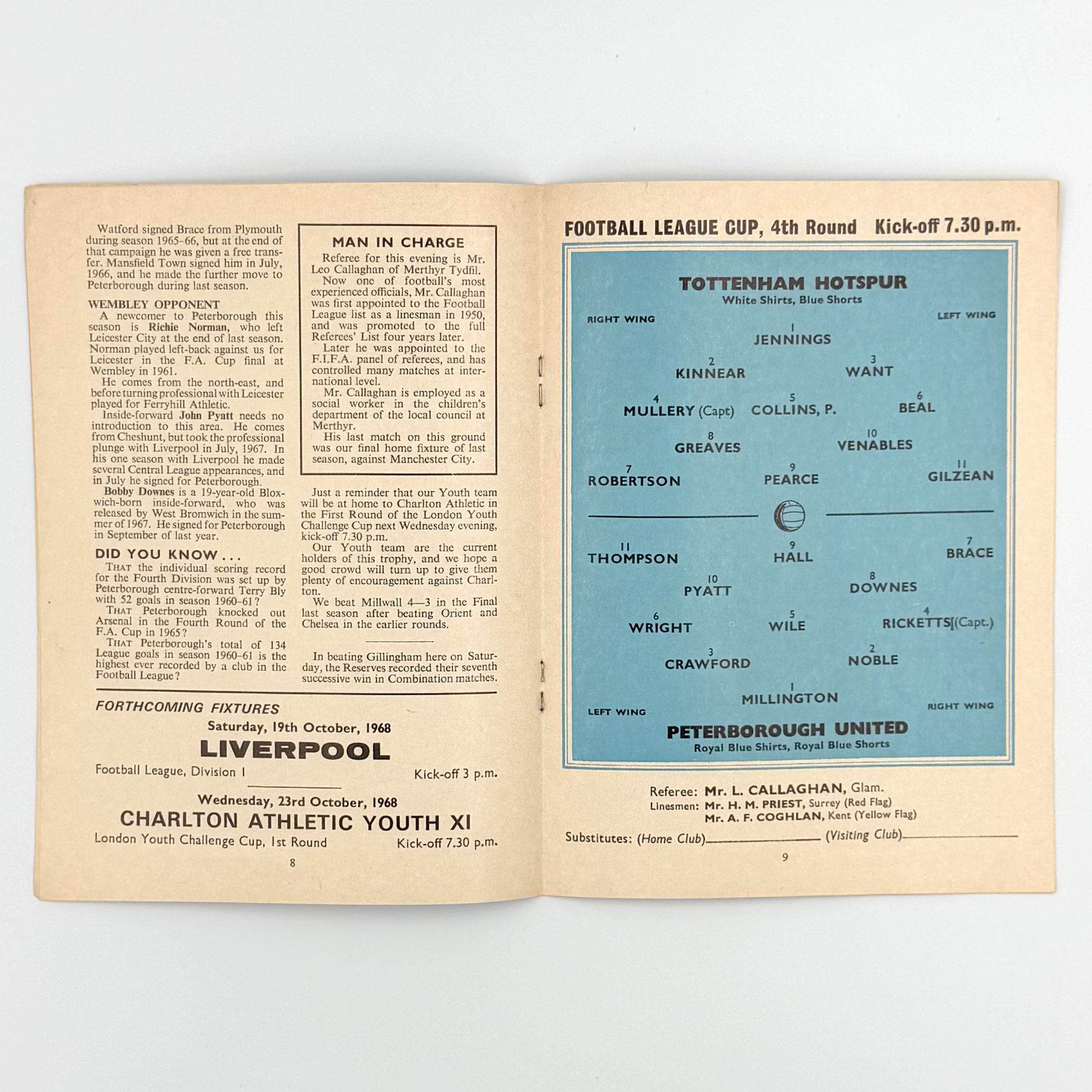 Tottenham Hotspur vs Peterborough United Programme (16 October, 1968)