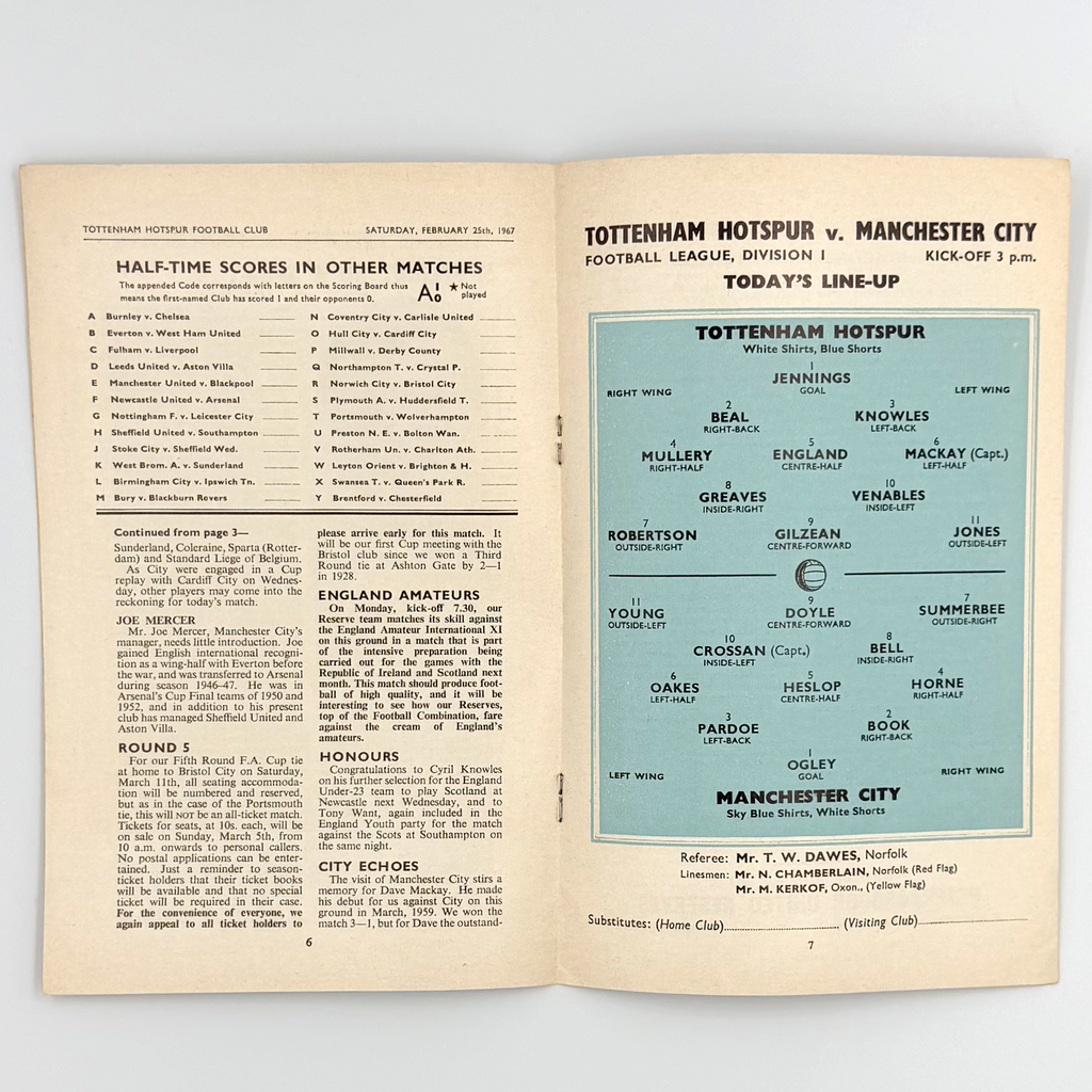 Tottenham Hotspur vs Manchester City Programme (25 February, 1967)