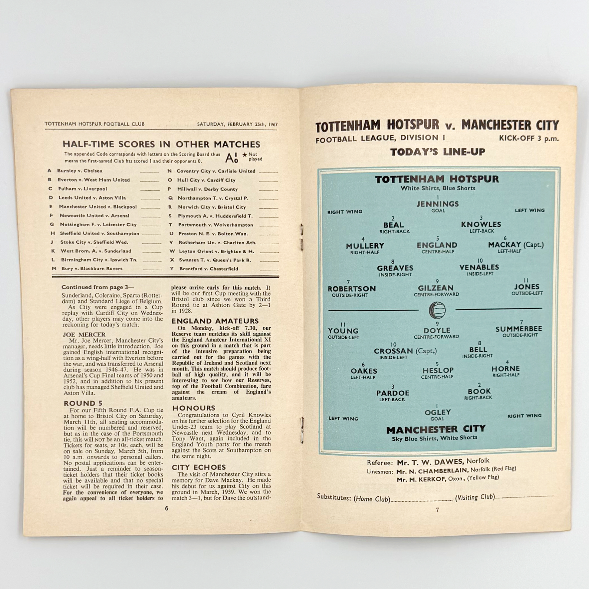 Tottenham Hotspur vs Manchester City Programme (25 February, 1967)