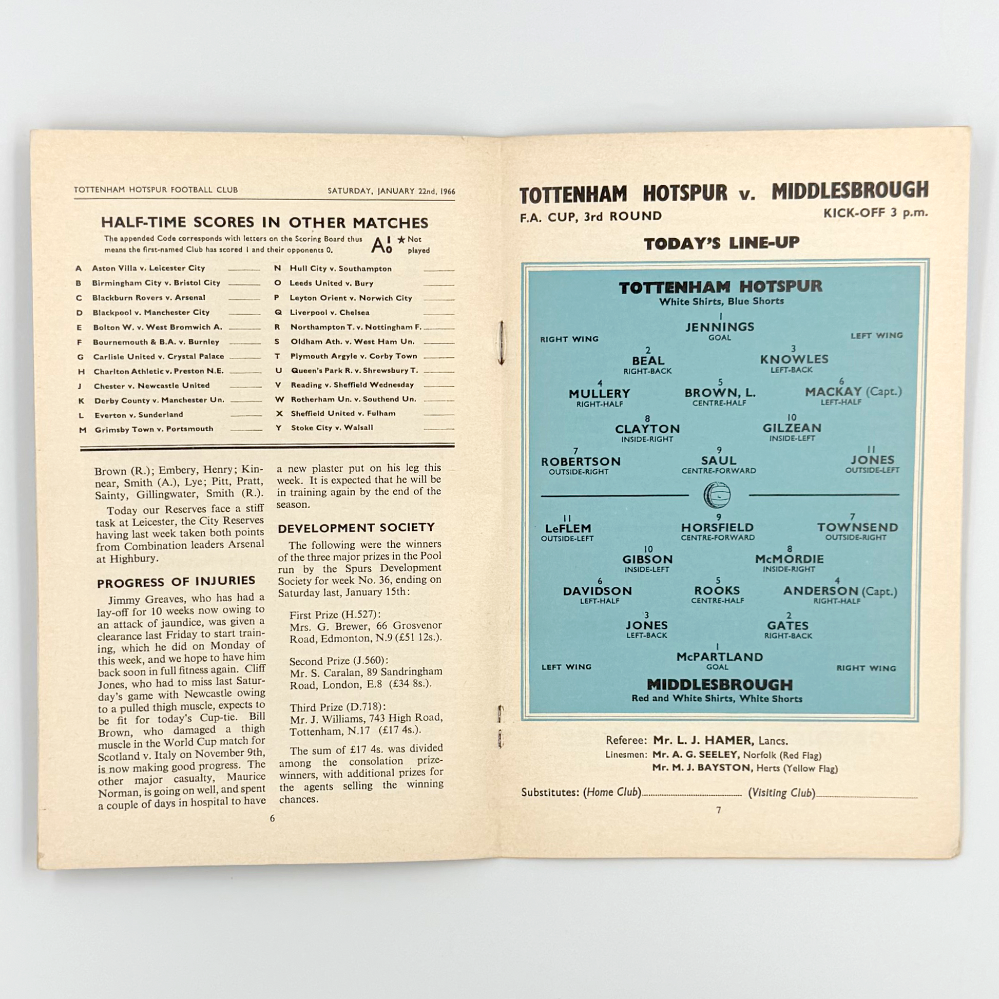 Tottenham Hotspur vs Middlesbrough Programme (22 January, 1966)