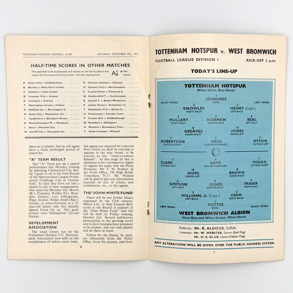 Tottenham Hotspur vs West Bromwich Albion Programme (19 September, 1964)