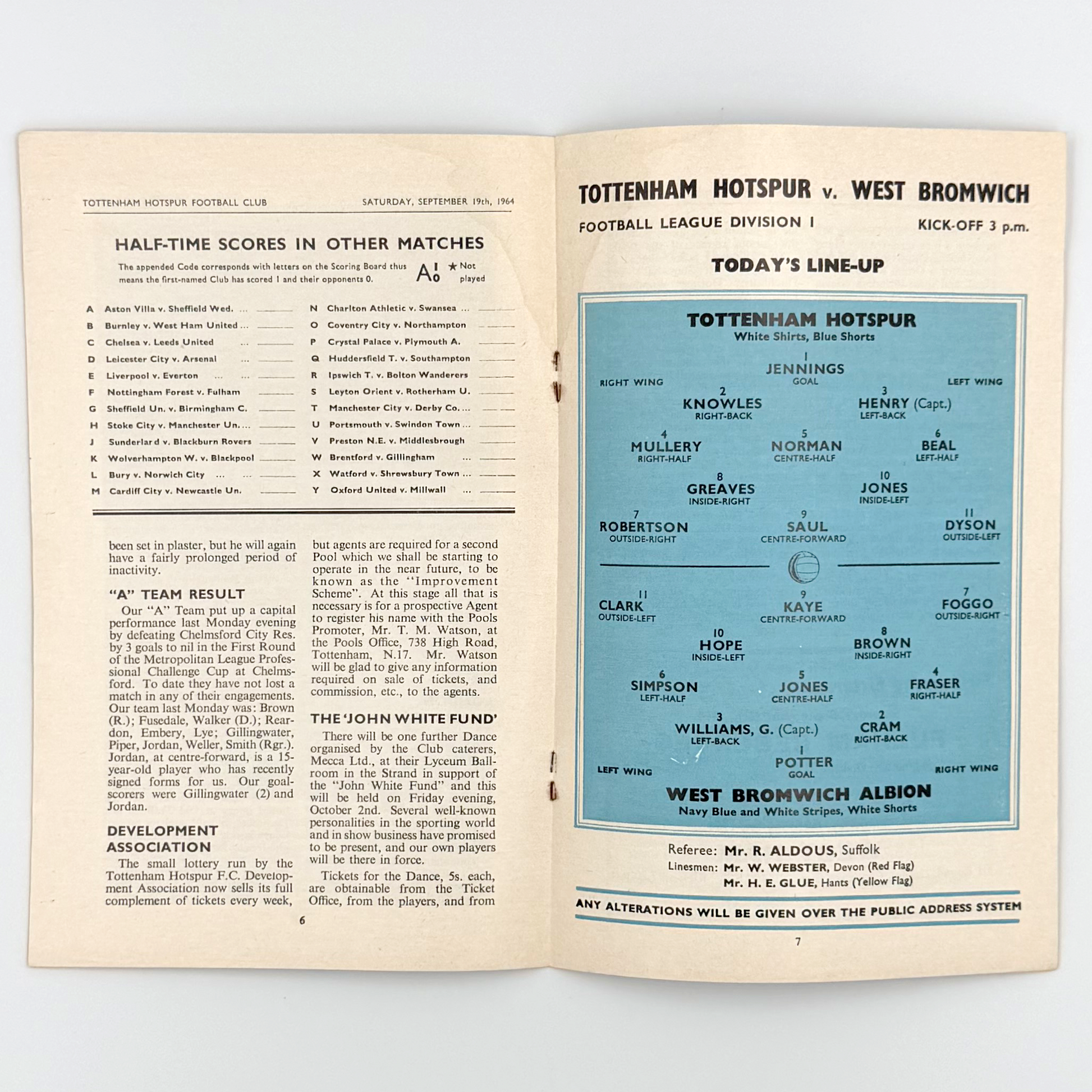 Tottenham Hotspur vs West Bromwich Albion Programme (19 September, 1964)