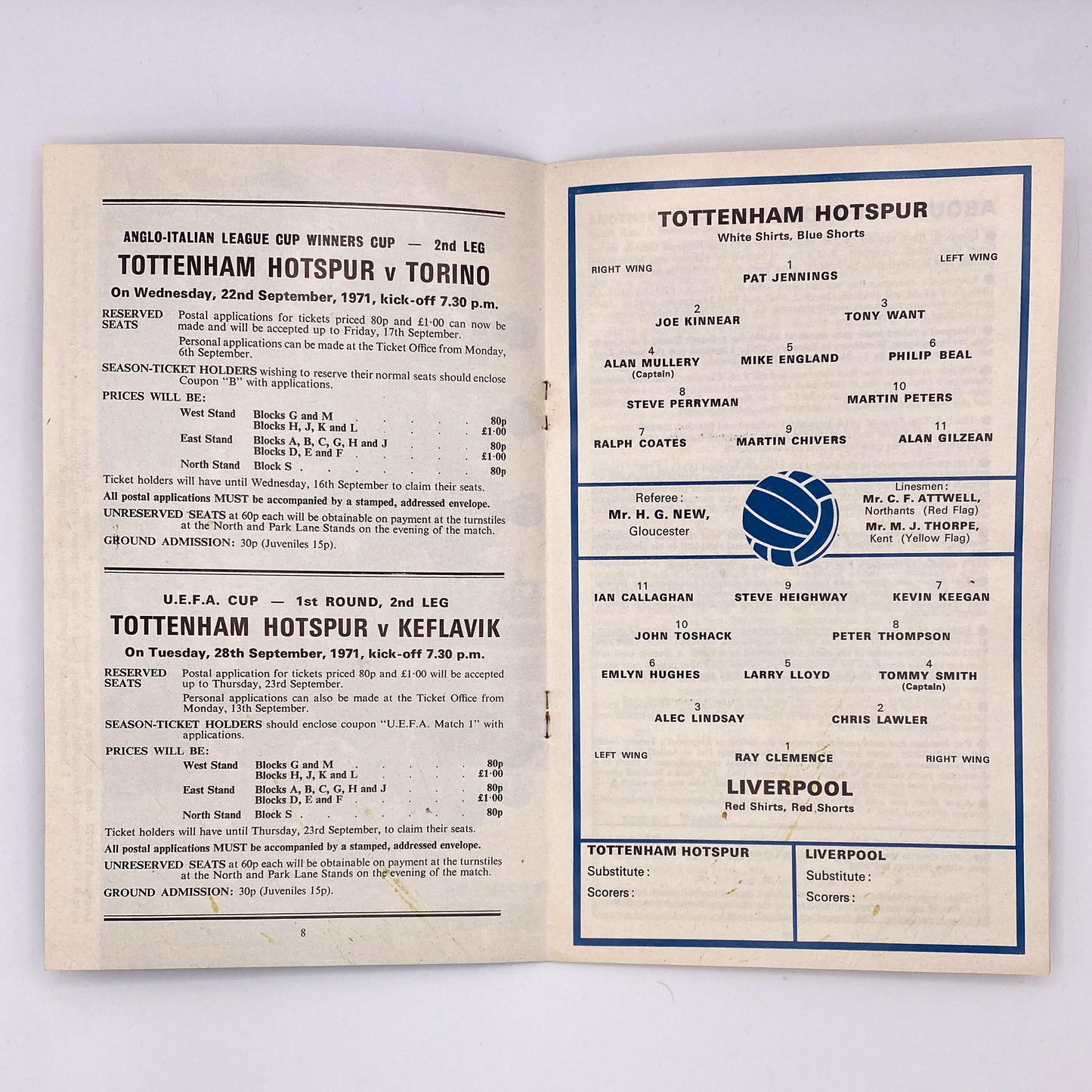 Tottenham Hotspur vs Liverpool Programme (4 September, 1971)