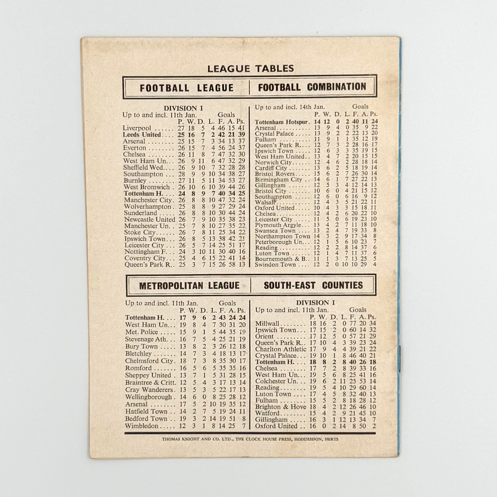 Tottenham Hotspur vs Leeds United Programme (18 January, 1969)