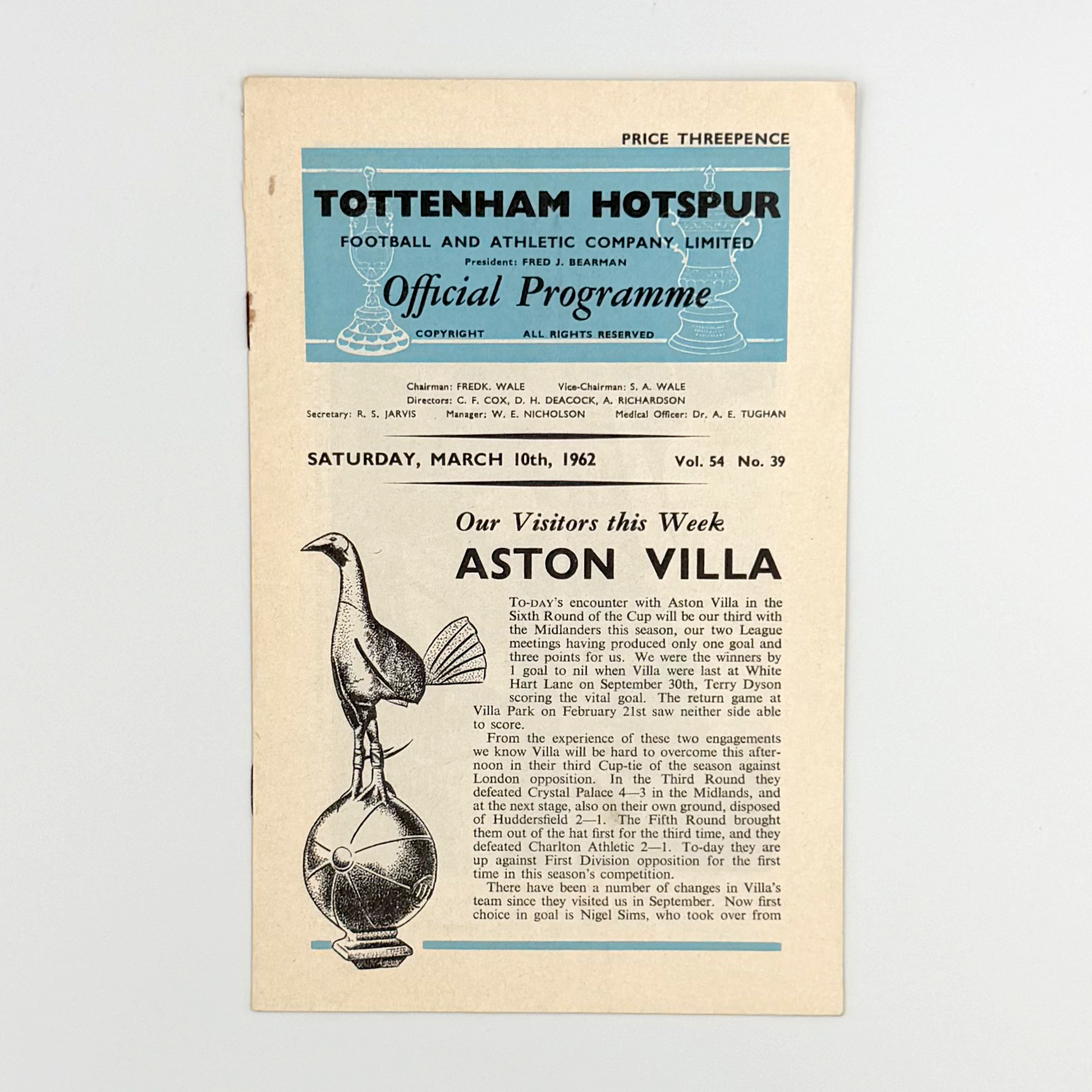 Tottenham Hotspur vs Aston Villa Programme (10 March, 1962)