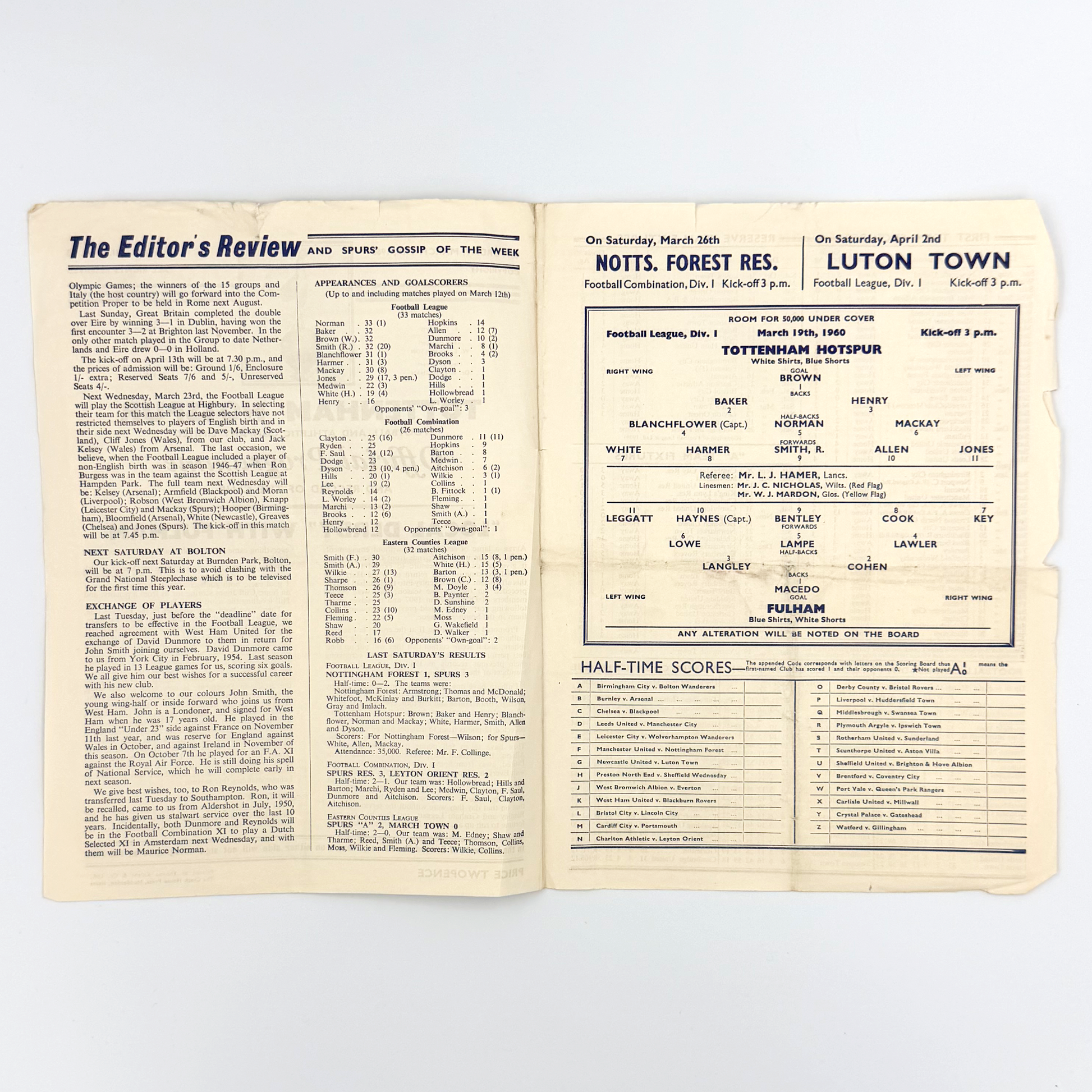 Tottenham Hotspur vs Fulham Programme (19 March, 1960)