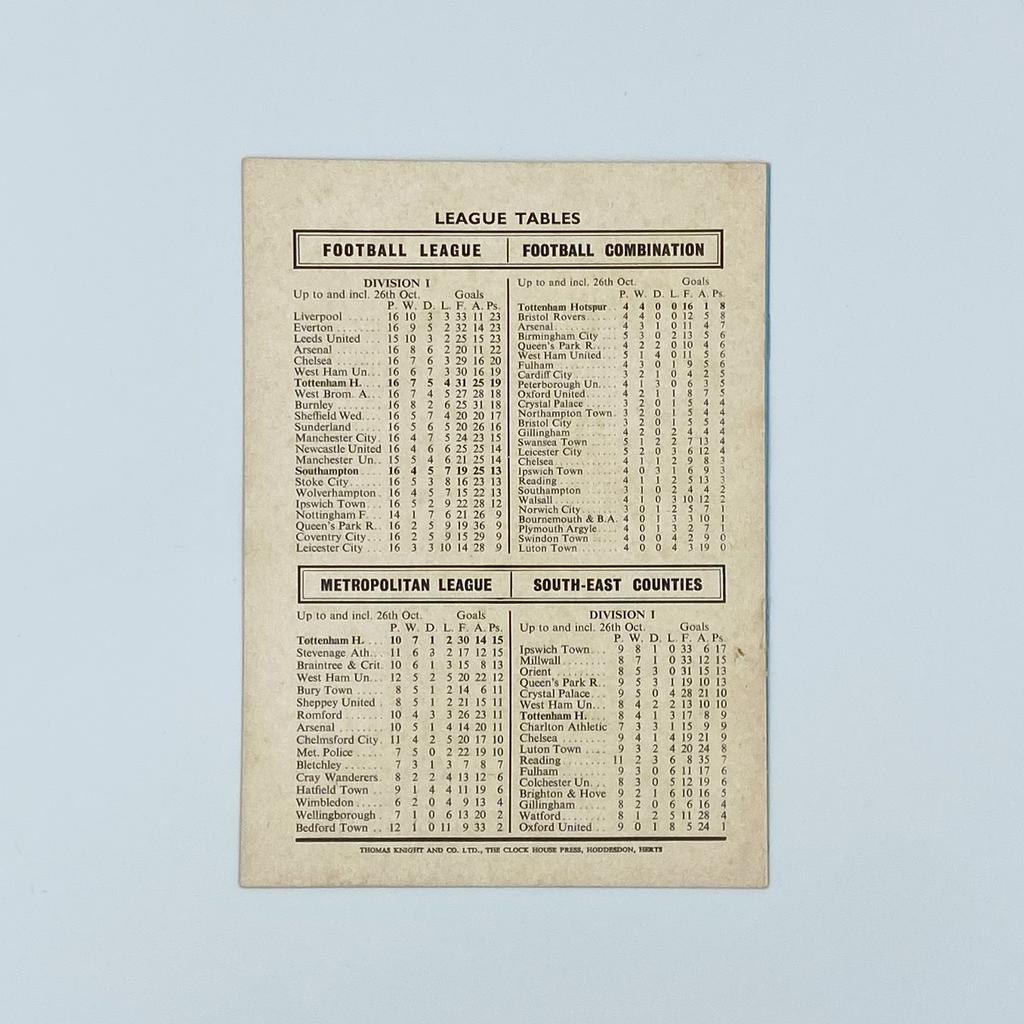 Tottenham Hotspur vs Southampton Programme (30 October, 1968)