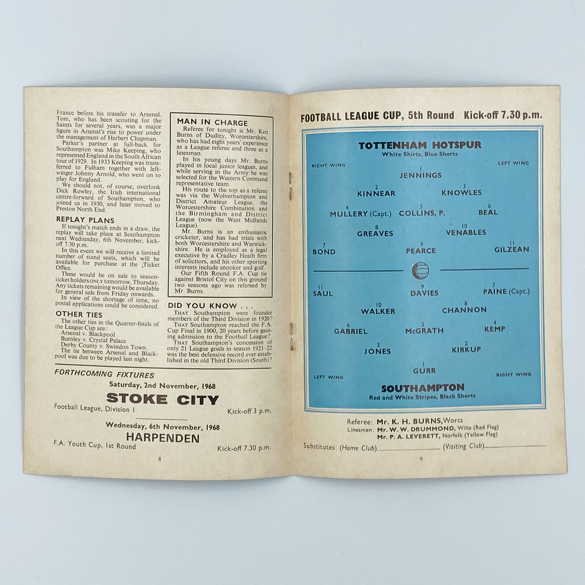Tottenham Hotspur vs Southampton Programme (30 October, 1968)