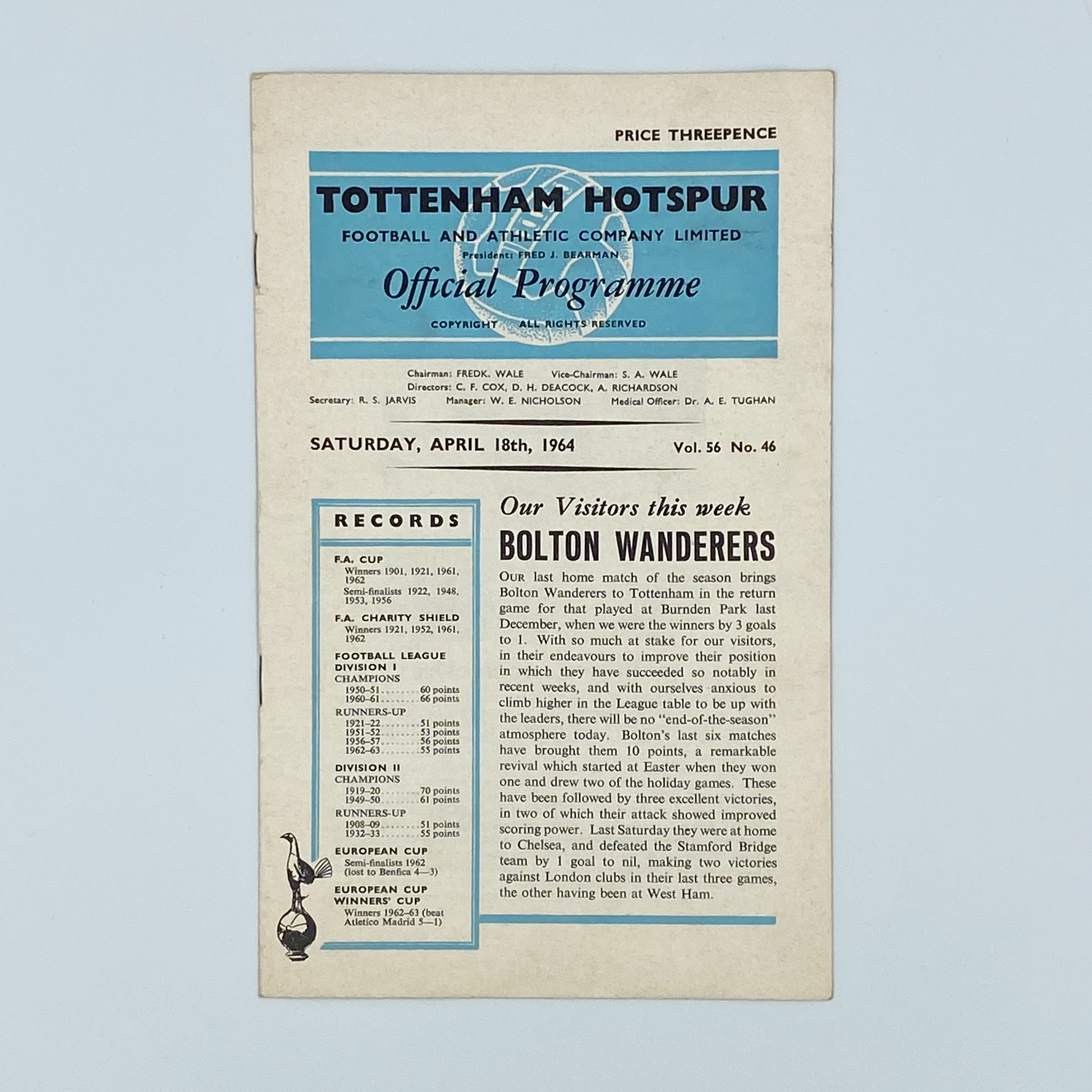 Tottenham Hotspur vs Bolton Wanderers Programme (18 April, 1964)