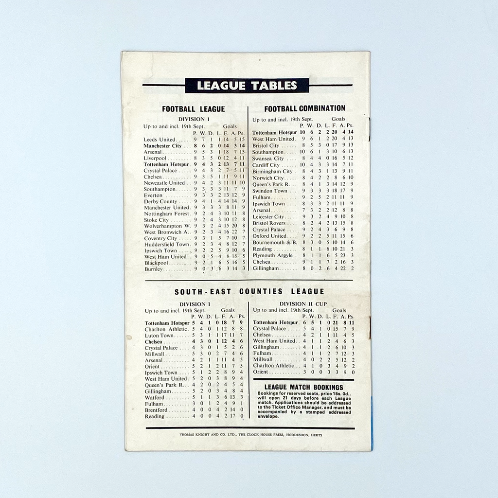 Tottenham Hotspur vs Manchester City Programme (26 September, 1970)
