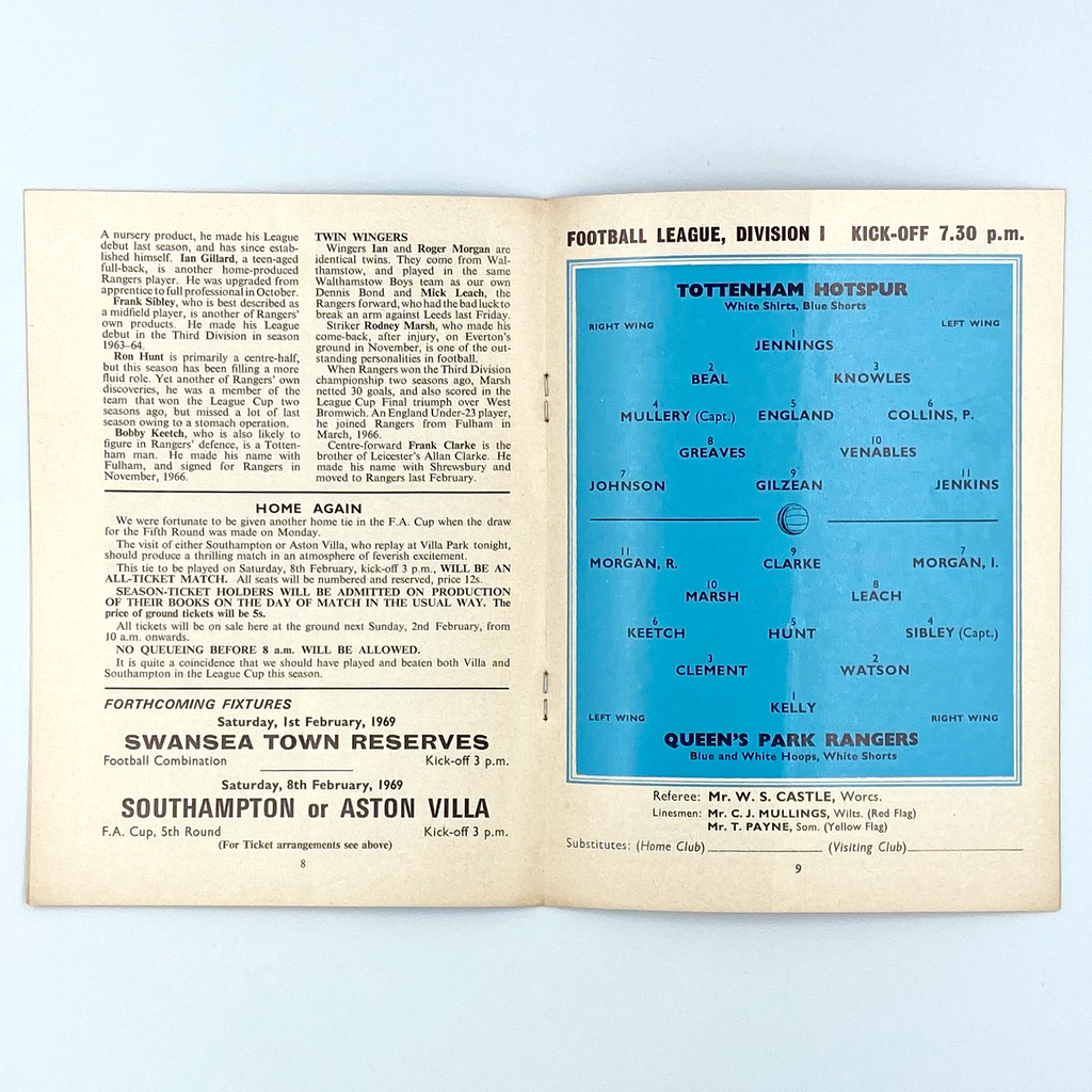 Tottenham Hotspur vs Queens Park Rangers Programme (29 January, 1969)