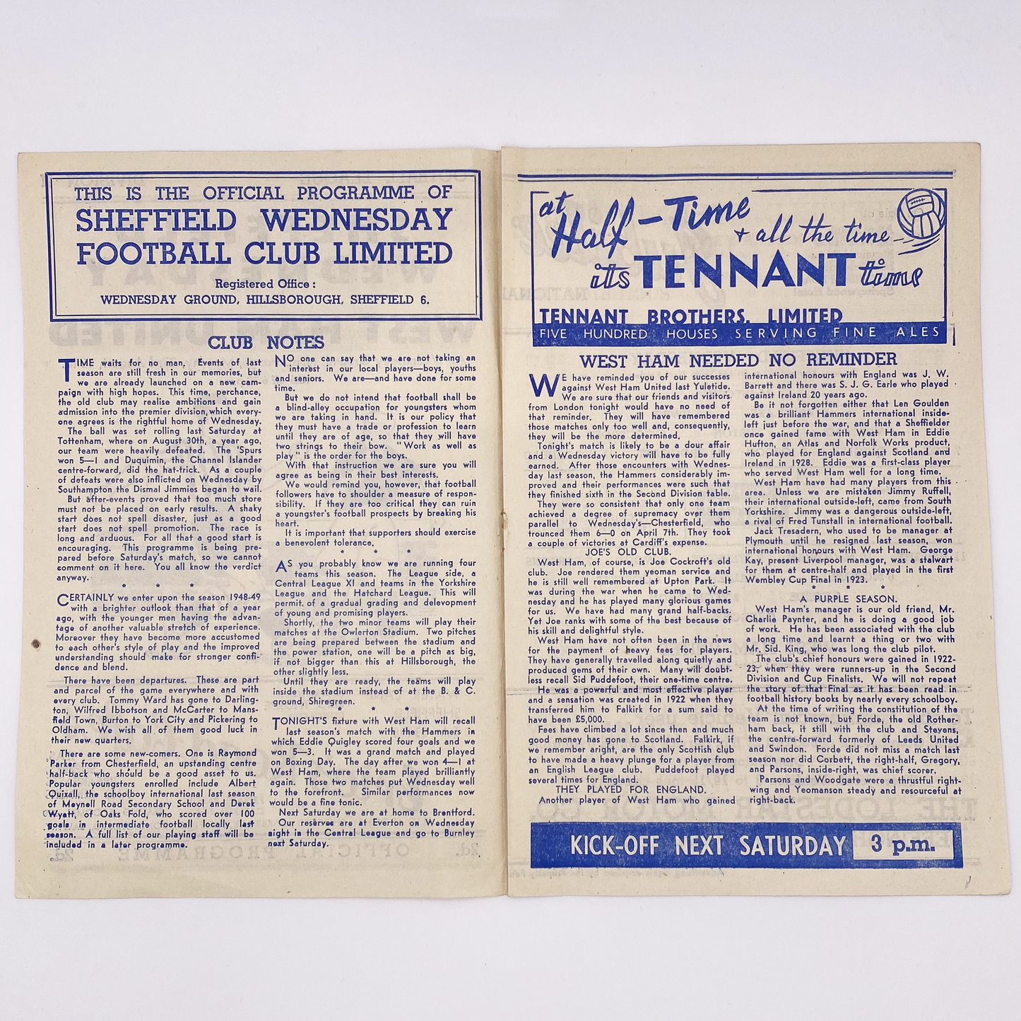 Sheffield Wednesday vs West Ham United Programme (23 August, 1948)