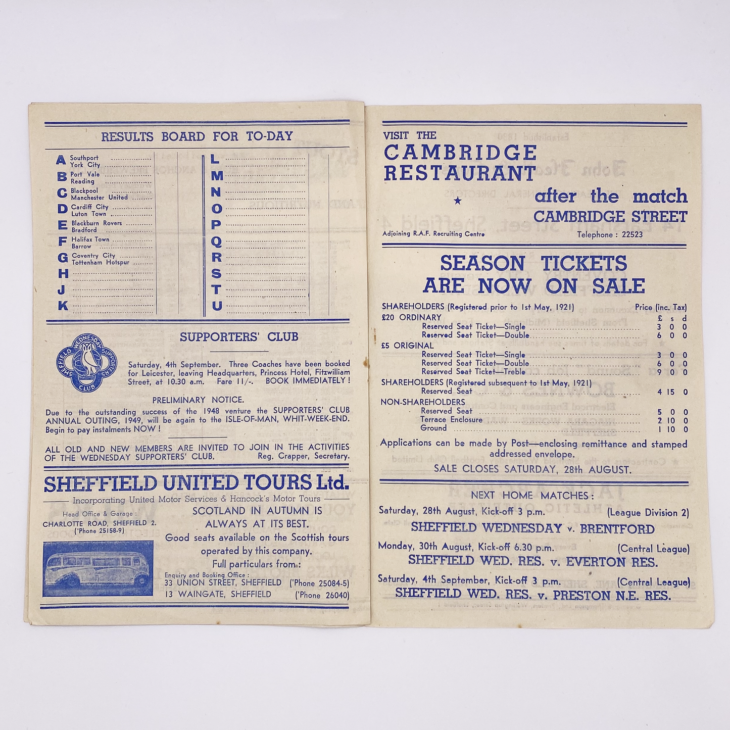 Sheffield Wednesday vs West Ham United Programme (23 August, 1948)