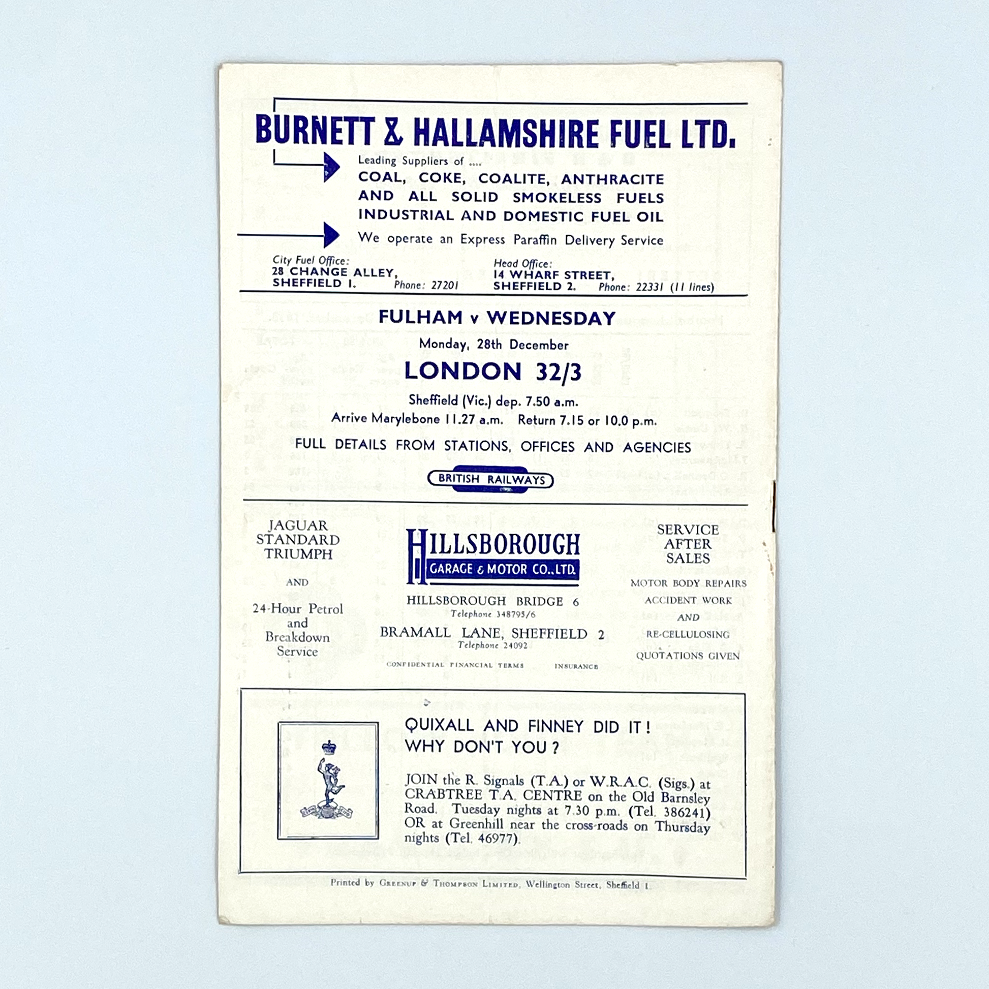Sheffield Wednesday vs Arsenal Programme (19 December, 1959)