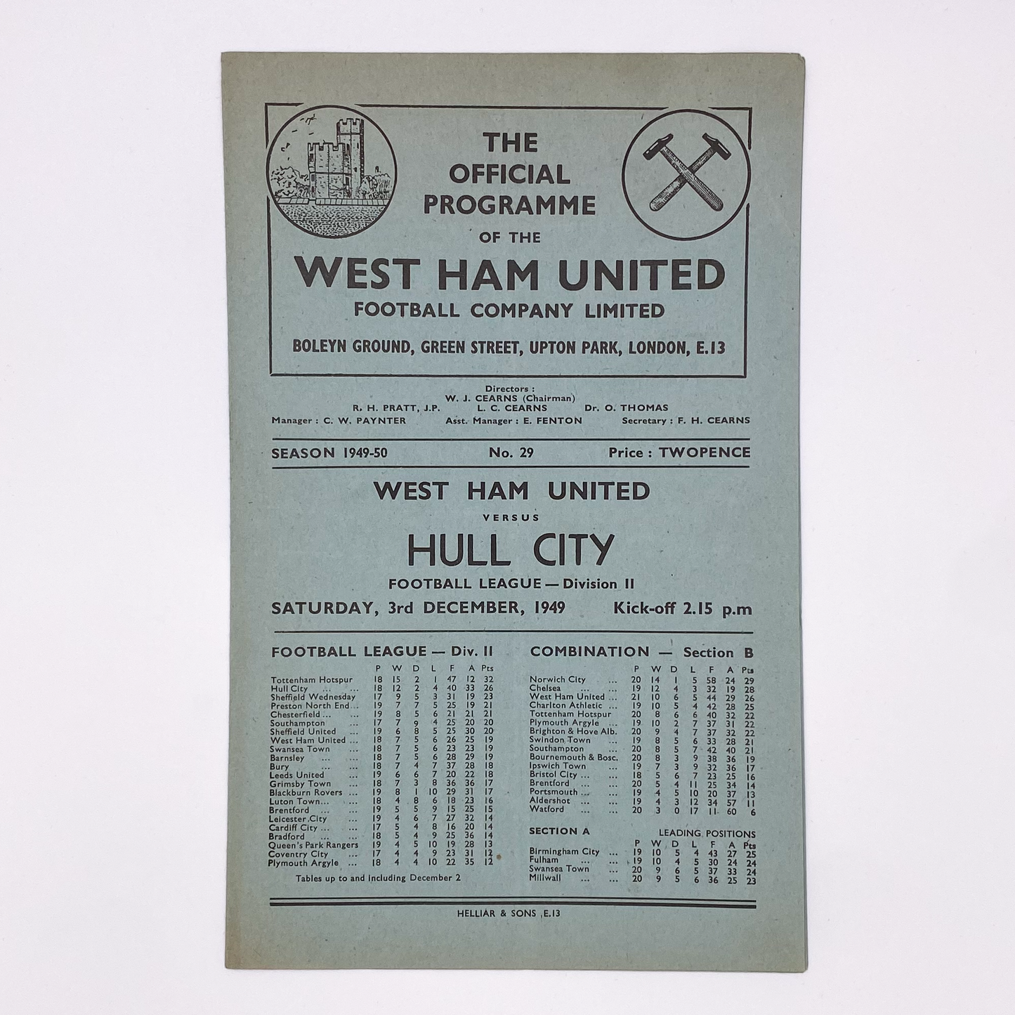 West Ham United vs Hull City Programme (3 December, 1949)