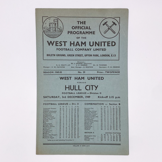 West Ham United vs Hull City Programme (3 December, 1949)