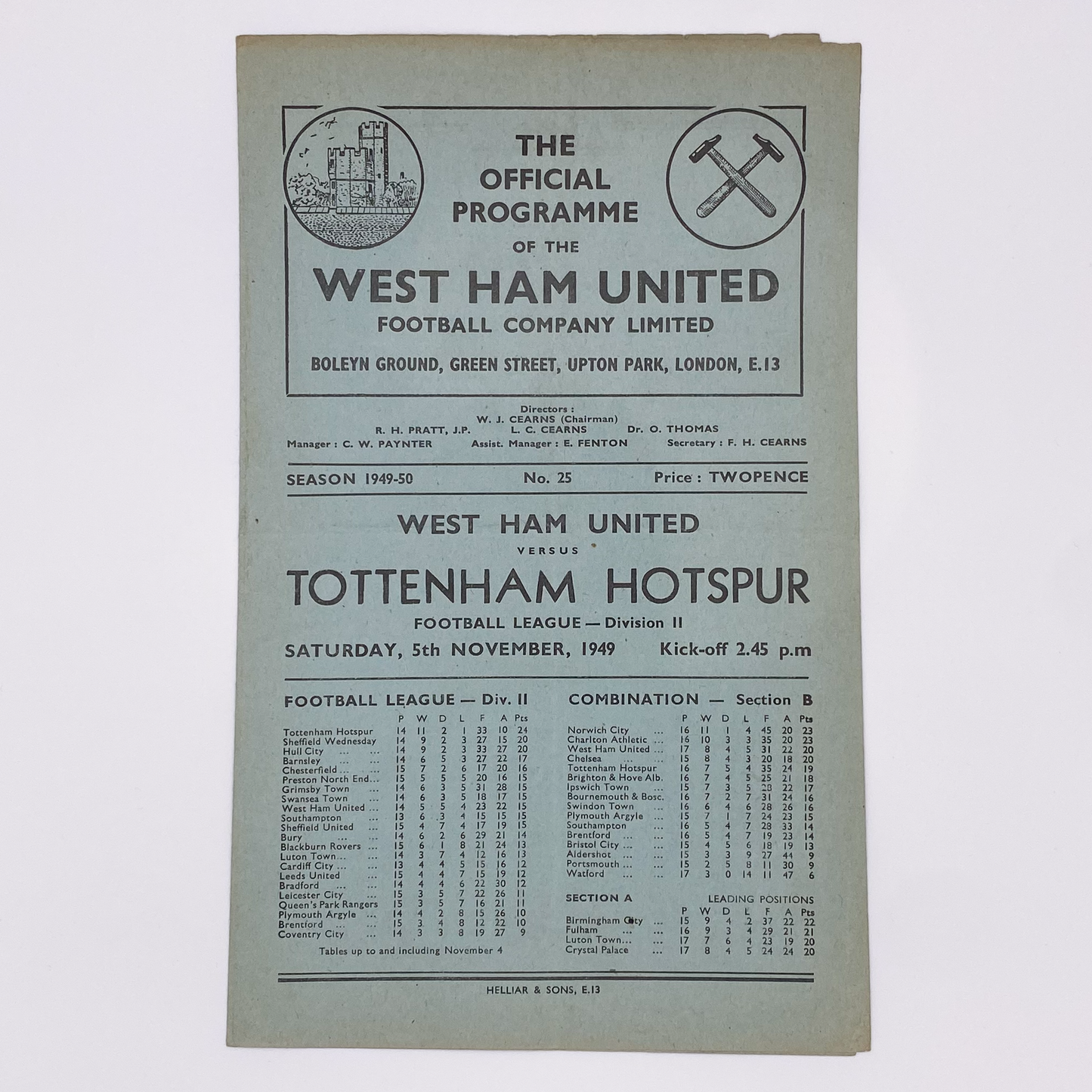 West Ham United vs Tottenham Hotspur Programme (5 November, 1949)