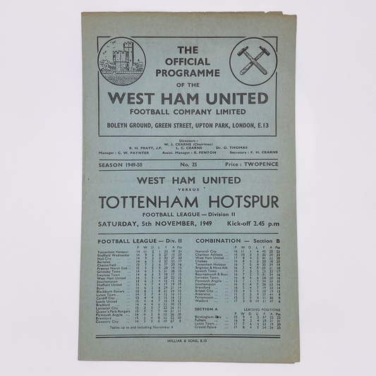 West Ham United vs Tottenham Hotspur Programme (5 November, 1949)