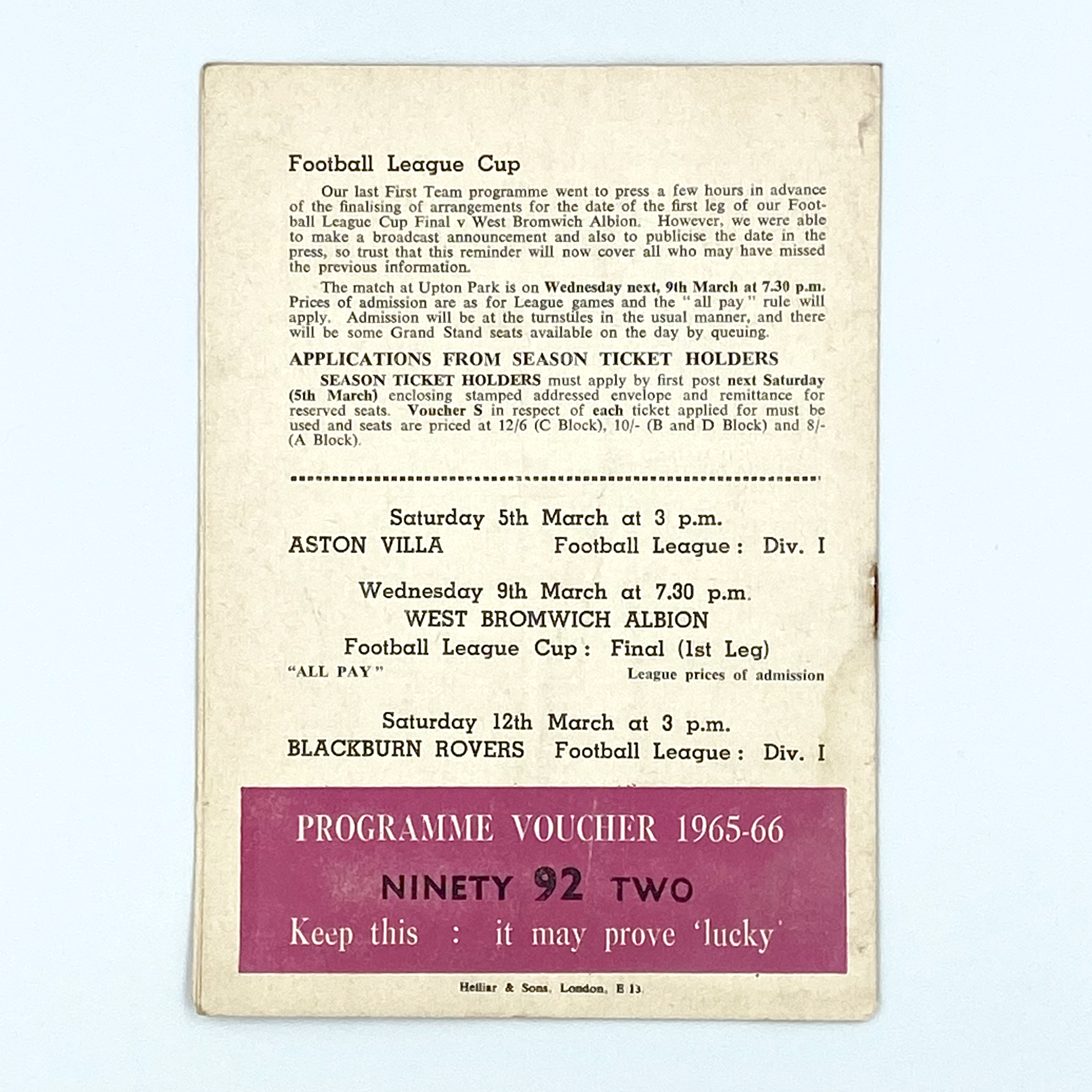 West Ham United vs FC Magdeburg Programme (2 March, 1966)