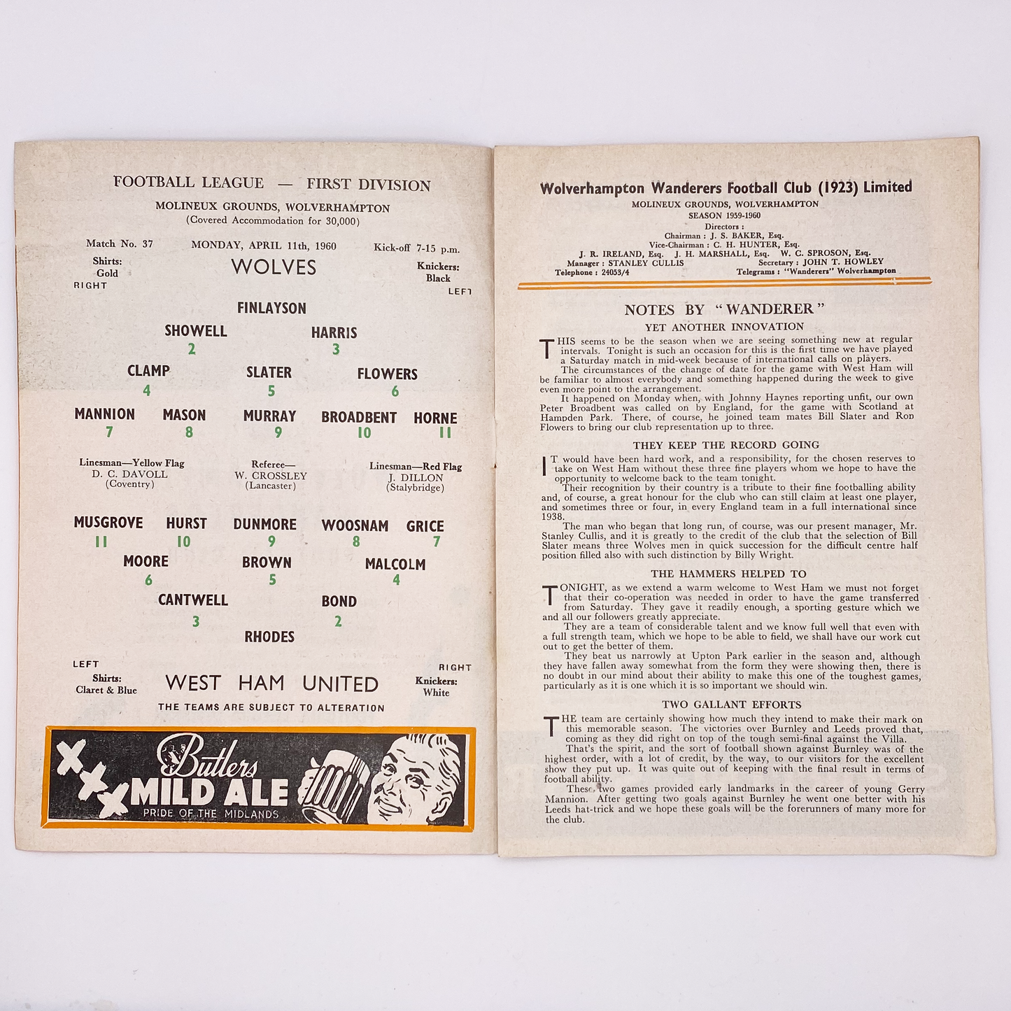 Wolverhampton Wanderers vs West Ham United Programme (11 April, 1960)