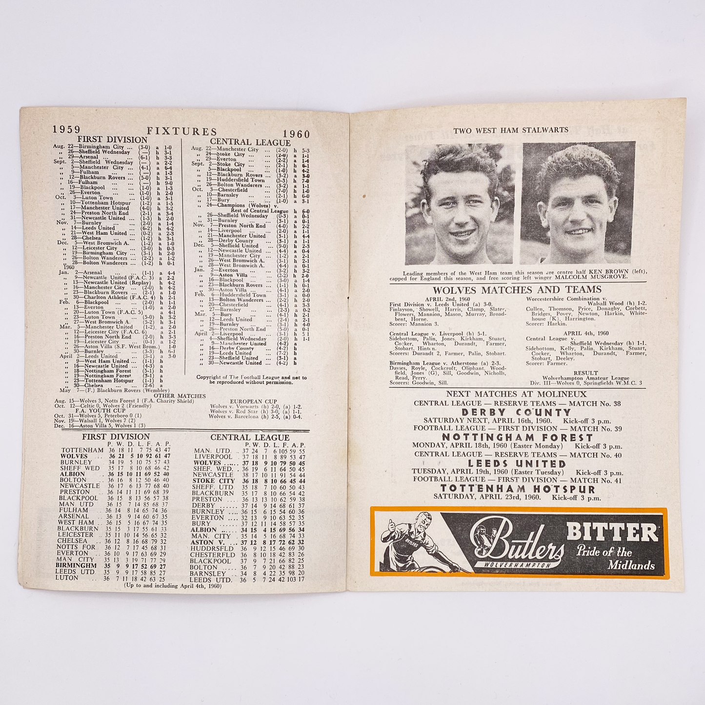 Wolverhampton Wanderers vs West Ham United Programme (11 April, 1960)