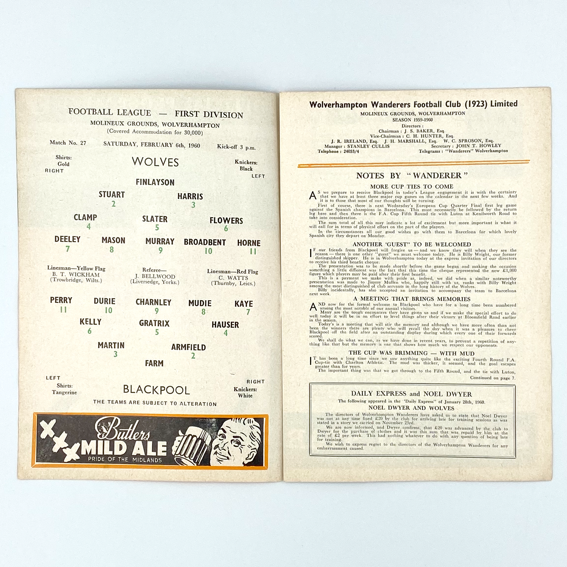 Wolverhampton Wanderers vs Blackpool Programme (6 February, 1960)