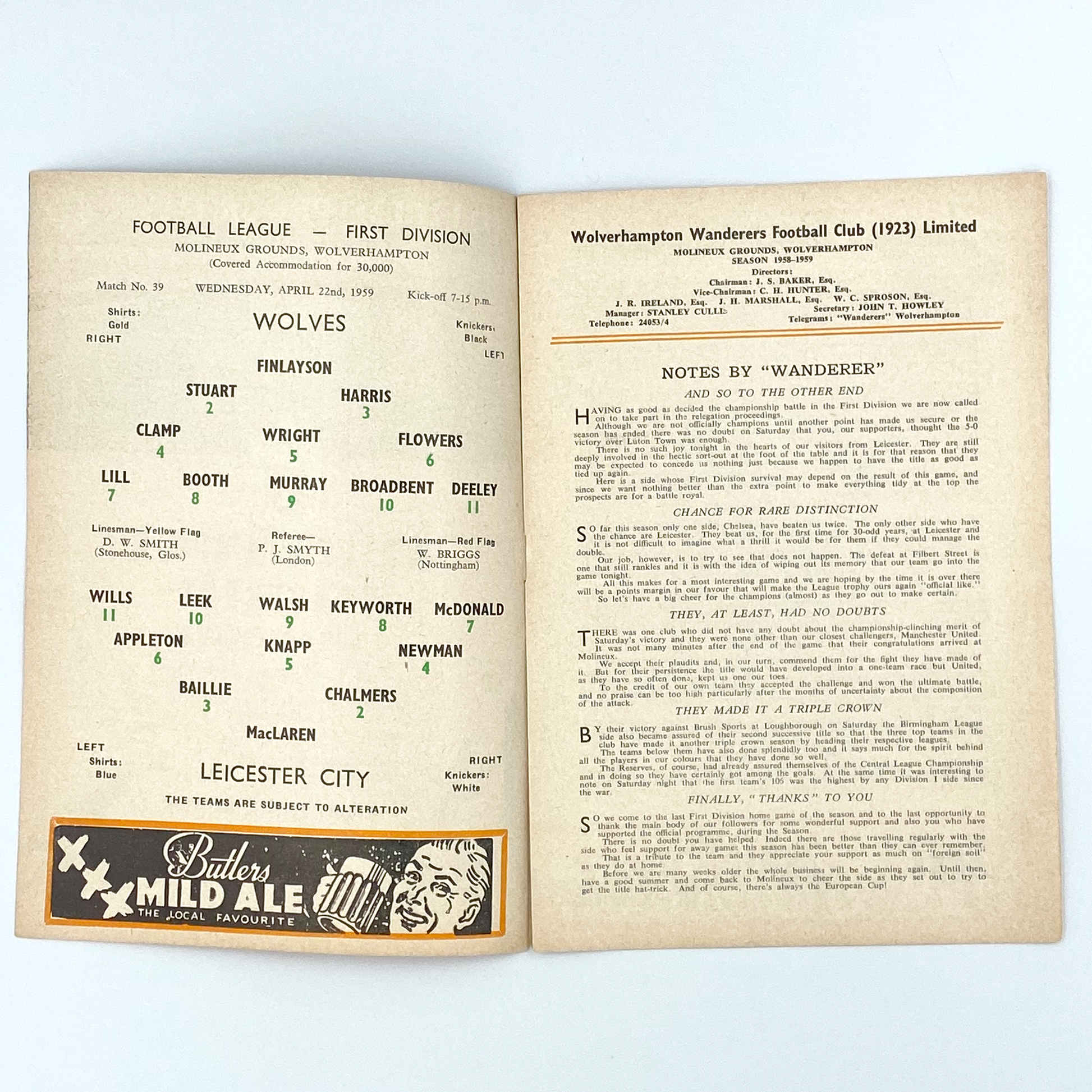 Wolverhampton Wanderers vs Leicester City Programme (22 April, 1959)