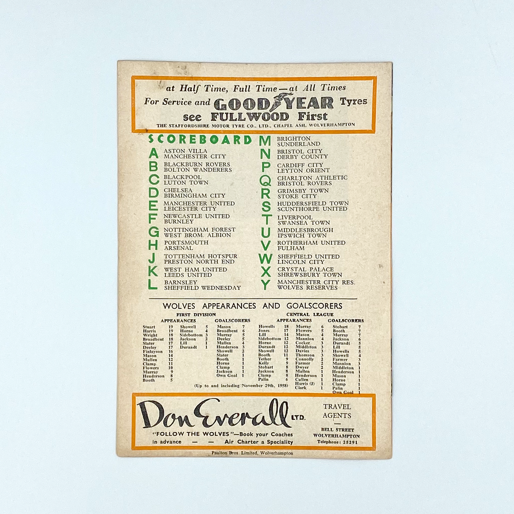 Wolverhampton Wanderers vs Everton Programme (6 December, 1958)