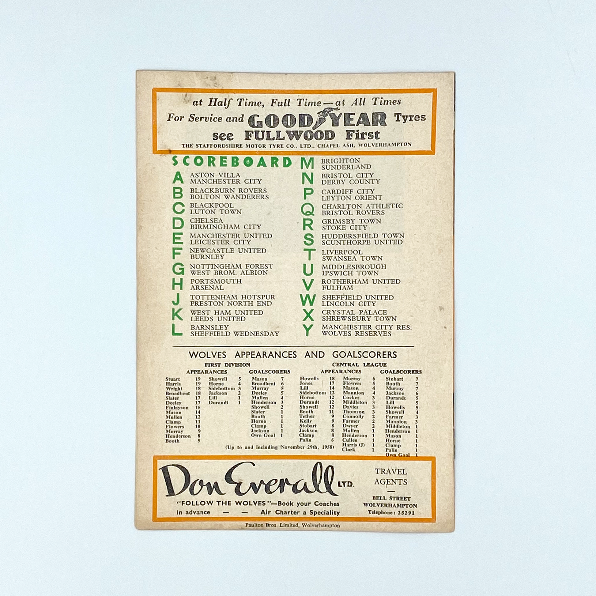 Wolverhampton Wanderers vs Everton Programme (6 December, 1958)