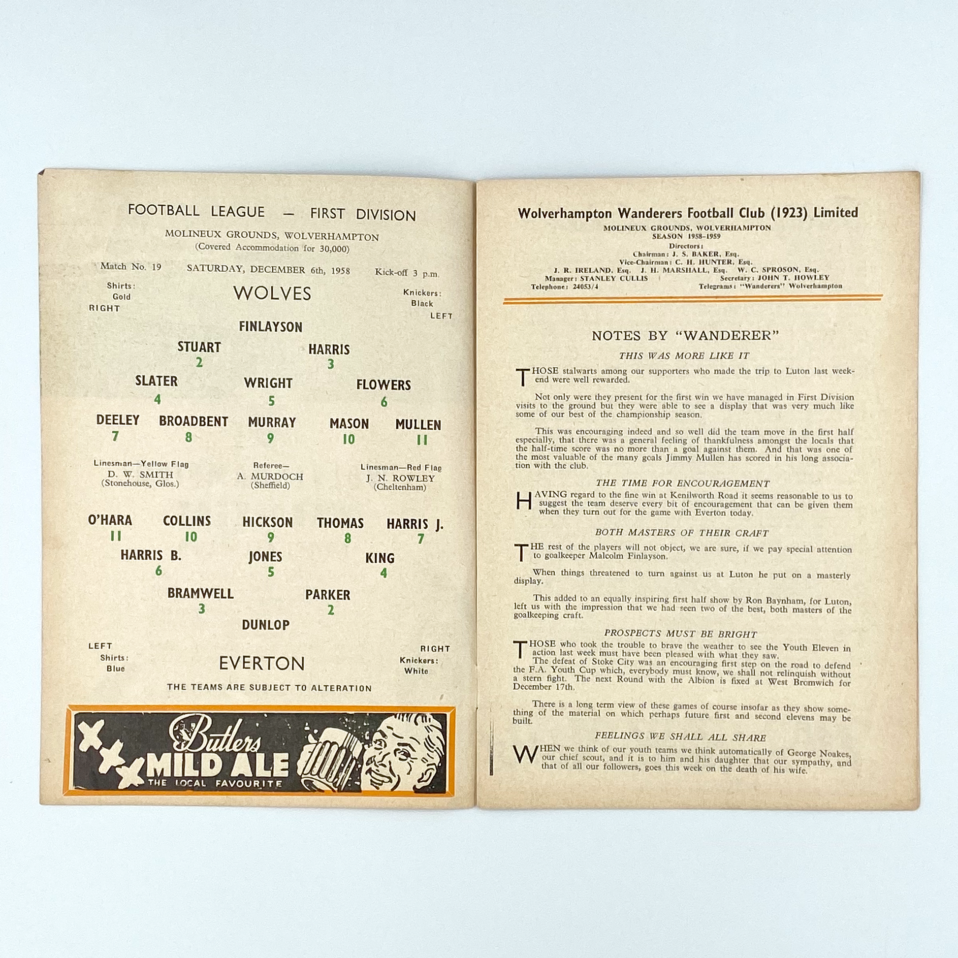 Wolverhampton Wanderers vs Everton Programme (6 December, 1958)