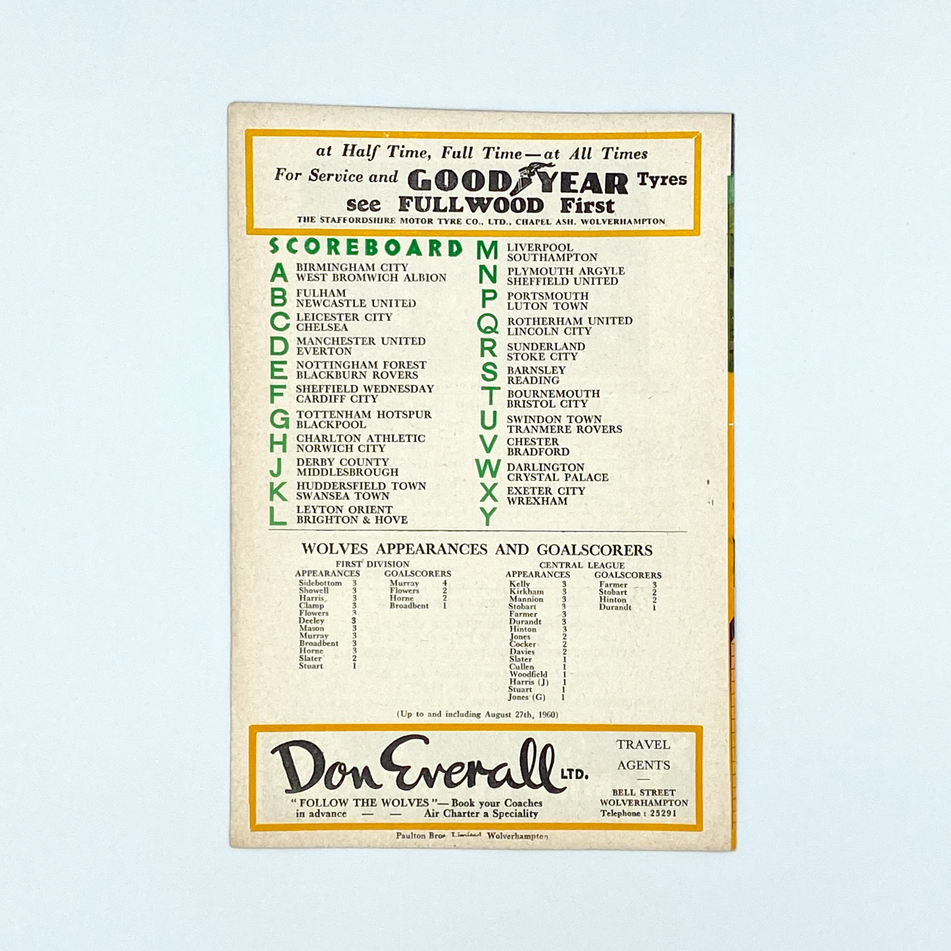 Wolverhampton Wanderers vs Bolton Wanderers Programme (31 August, 1960)