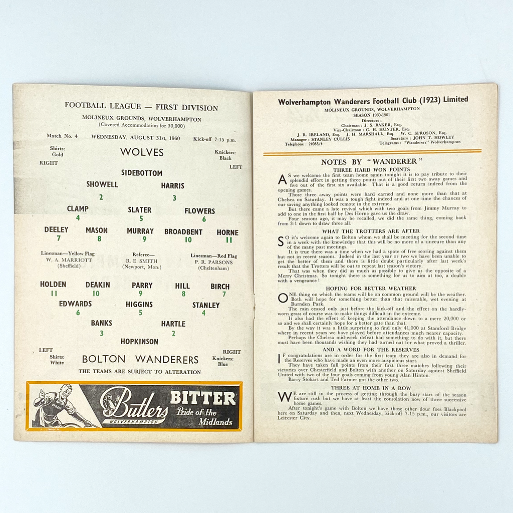 Wolverhampton Wanderers vs Bolton Wanderers Programme (31 August, 1960)