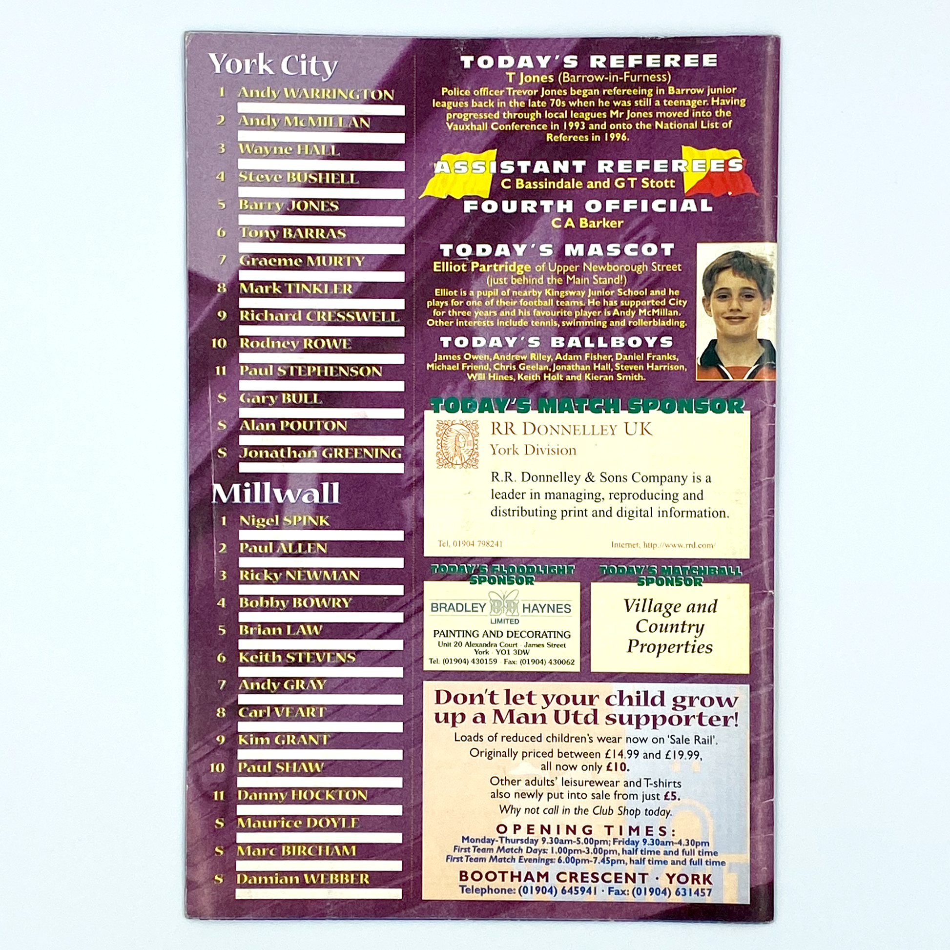 York City vs Millwall Programme (24 January, 1998)