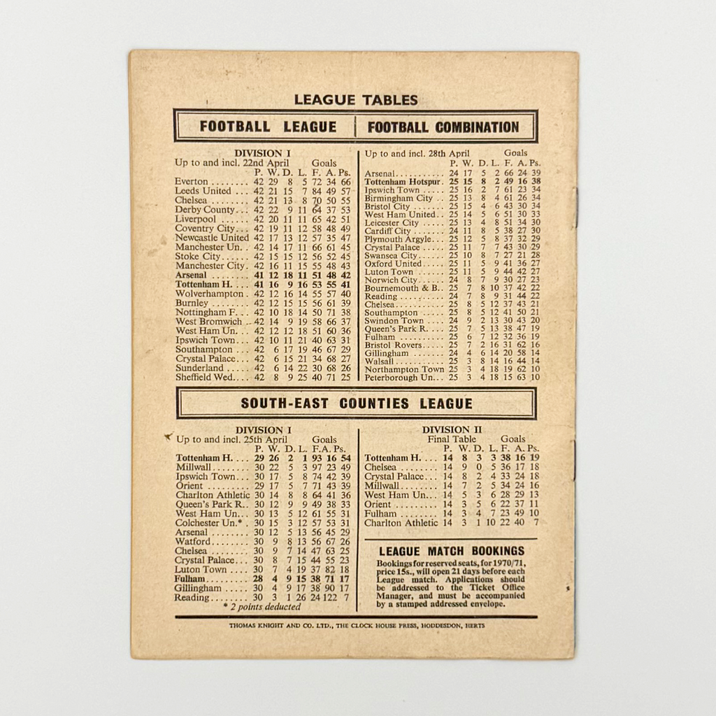 Tottenham Hotspur vs Arsenal Programme (2 May, 1970)