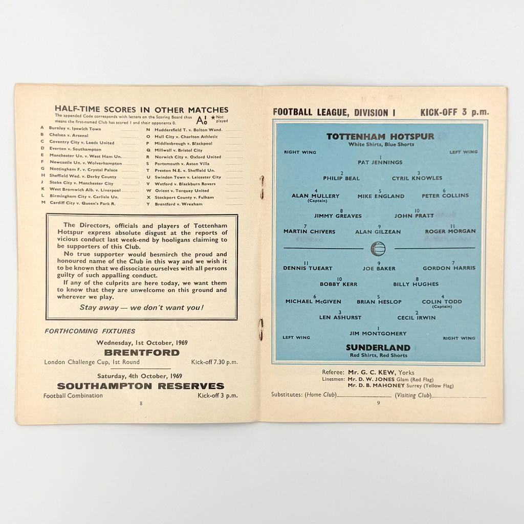 Tottenham Hotspur vs Sunderland Programme (27 September, 1969)
