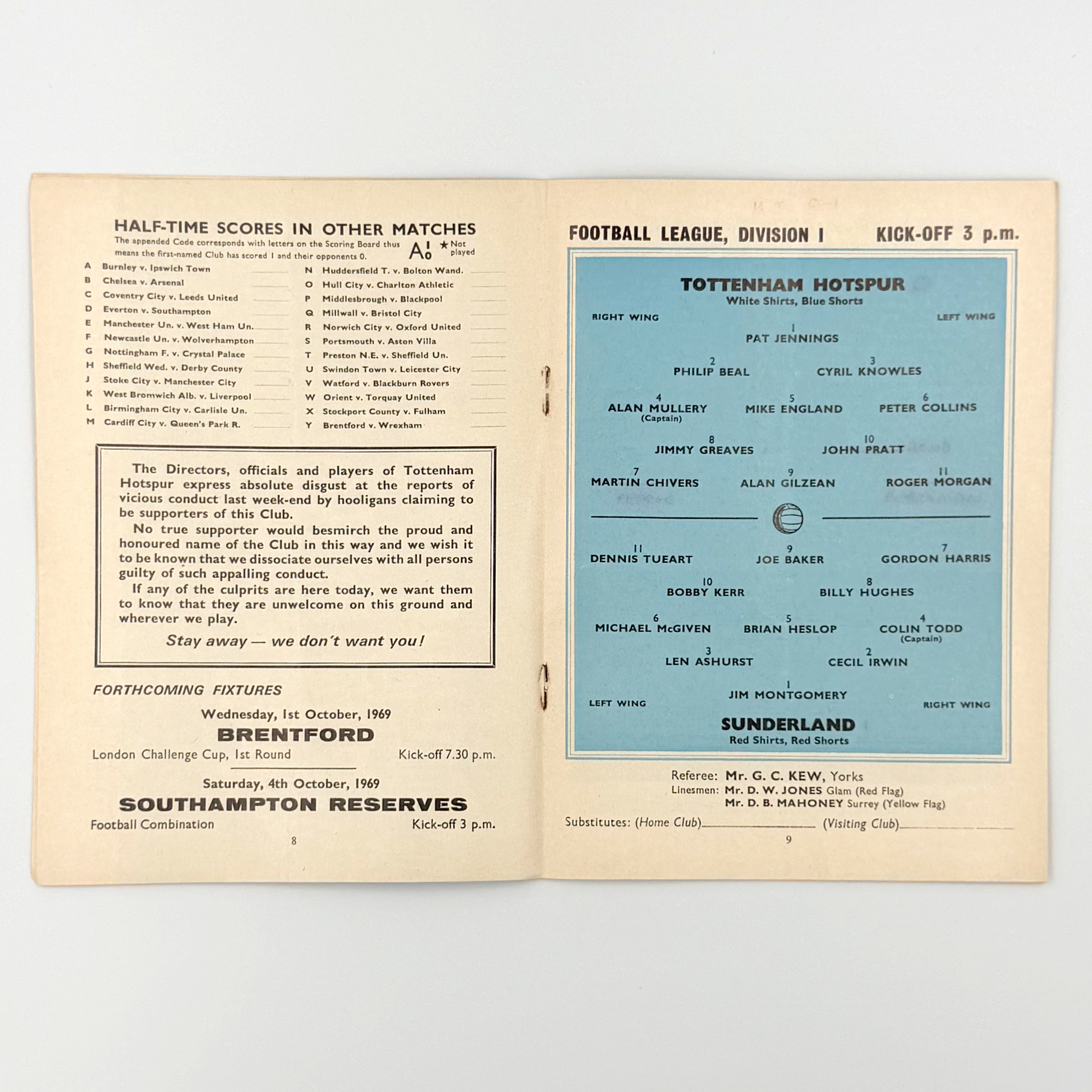 Tottenham Hotspur vs Sunderland Programme (27 September, 1969)