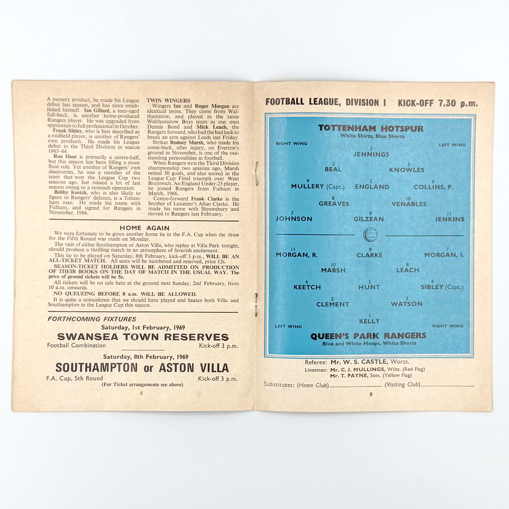 Tottenham Hotspur vs Queens Park Rangers Programme (29 January, 1969)