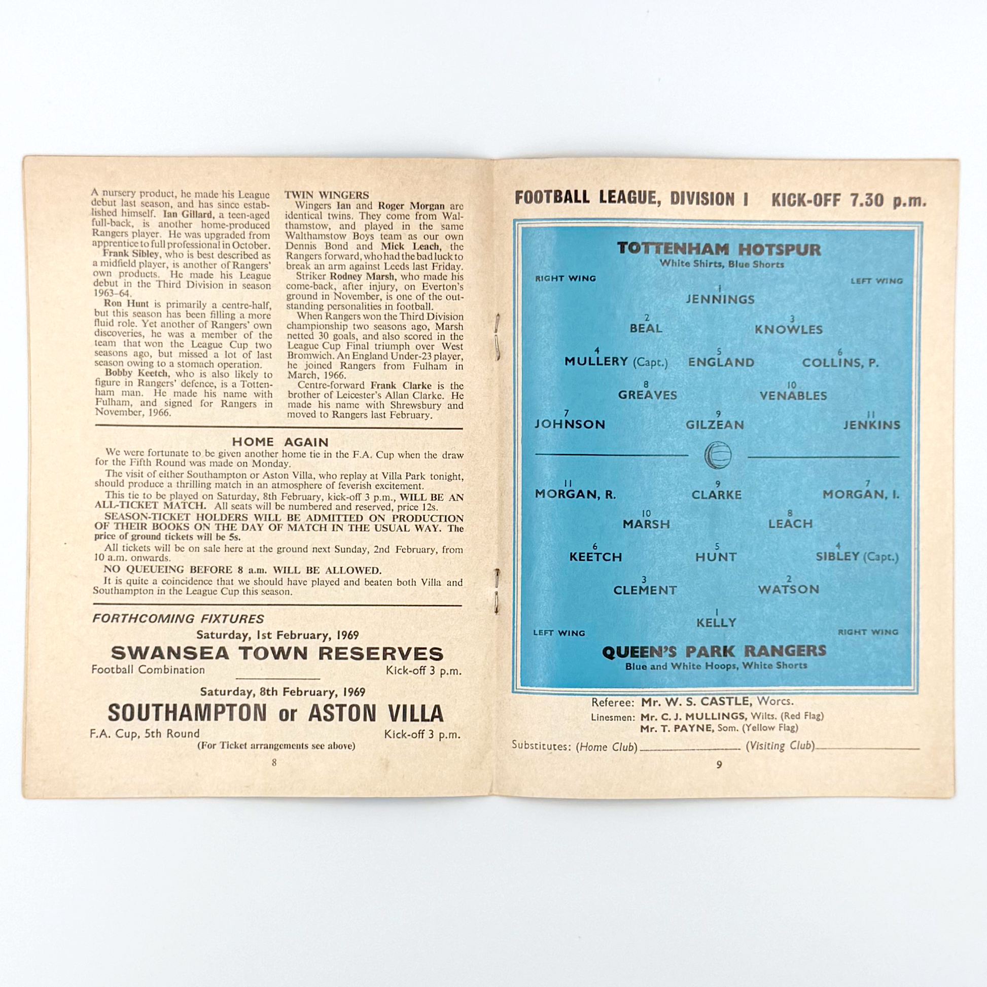 Tottenham Hotspur vs Queens Park Rangers Programme (29 January, 1969)