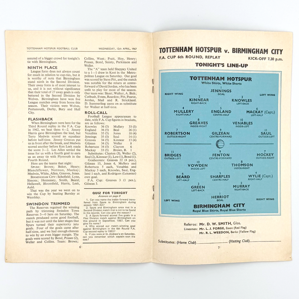 Tottenham Hotspur vs Birmingham City Programme (12 April, 1967)